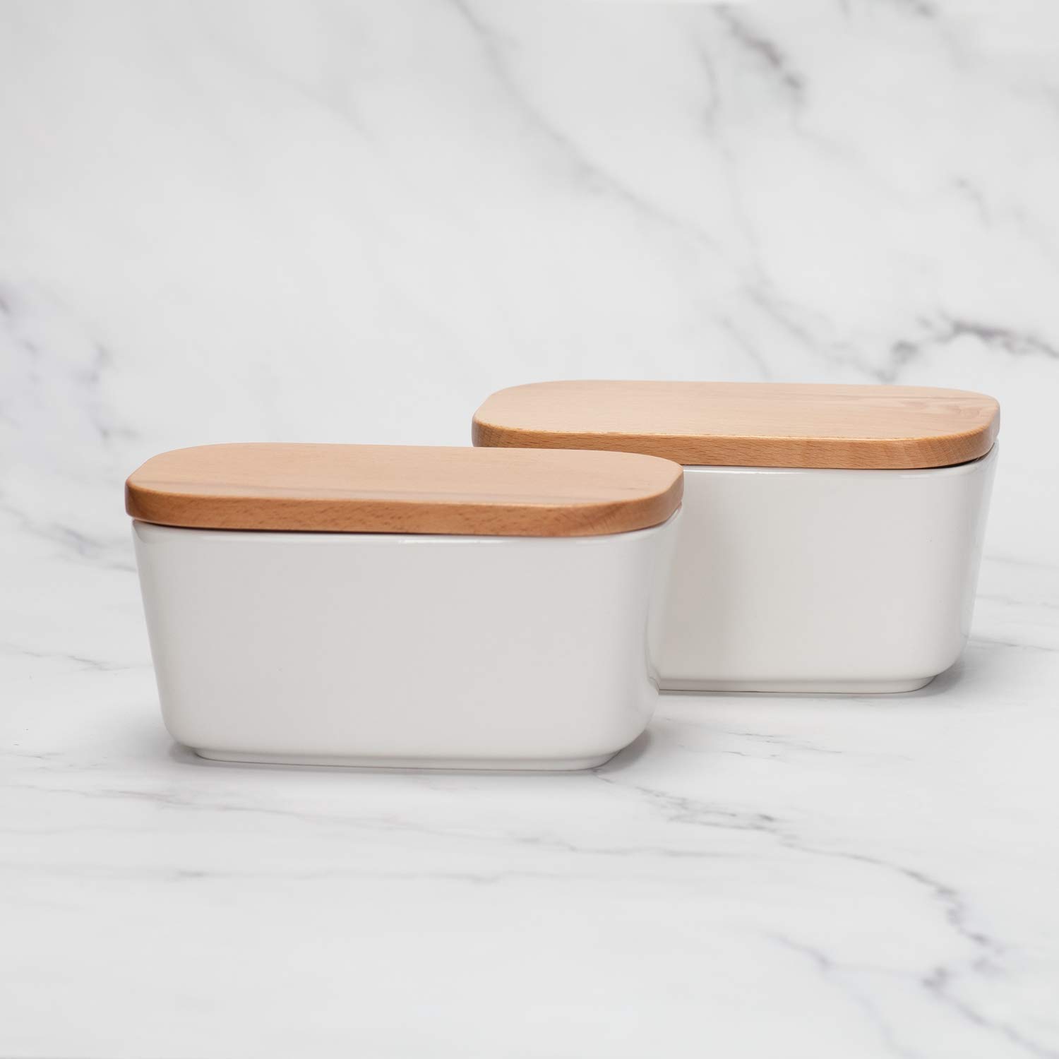 amHomel Butter Dish Set of 2 - Airtight Butter Keeper with Wooden Lid, Holds 2 Sticks of Butter (White) - Perfect for Kitchen Counter, Dining Table & Refrigerator Storage