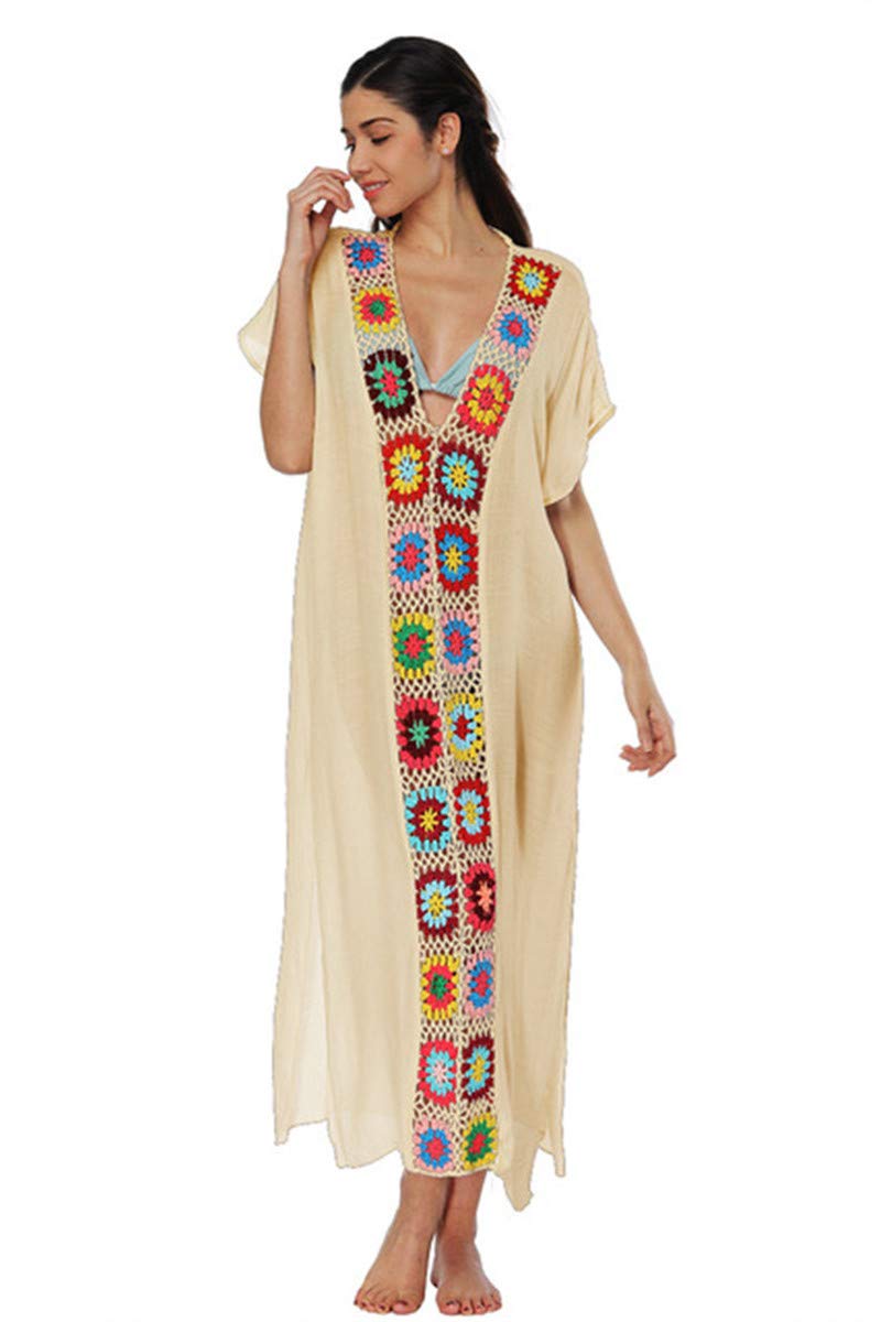 Kawai Peach Women's Floral Knitted Bathing Suit Cover Up Kaftan Beach Maxi Dress - Stylish Swimwear Cover for Pool, Beach Vacation & Summer Outings