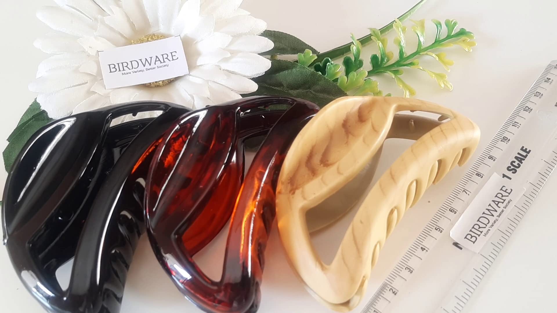 Premium Large Acrylic Butterfly Hair Clips for Women - 3-Pack (Black, Shell & Wooden Colors) - Strong Hold Hair Clutchers for Daily Use, Parties & Weddings