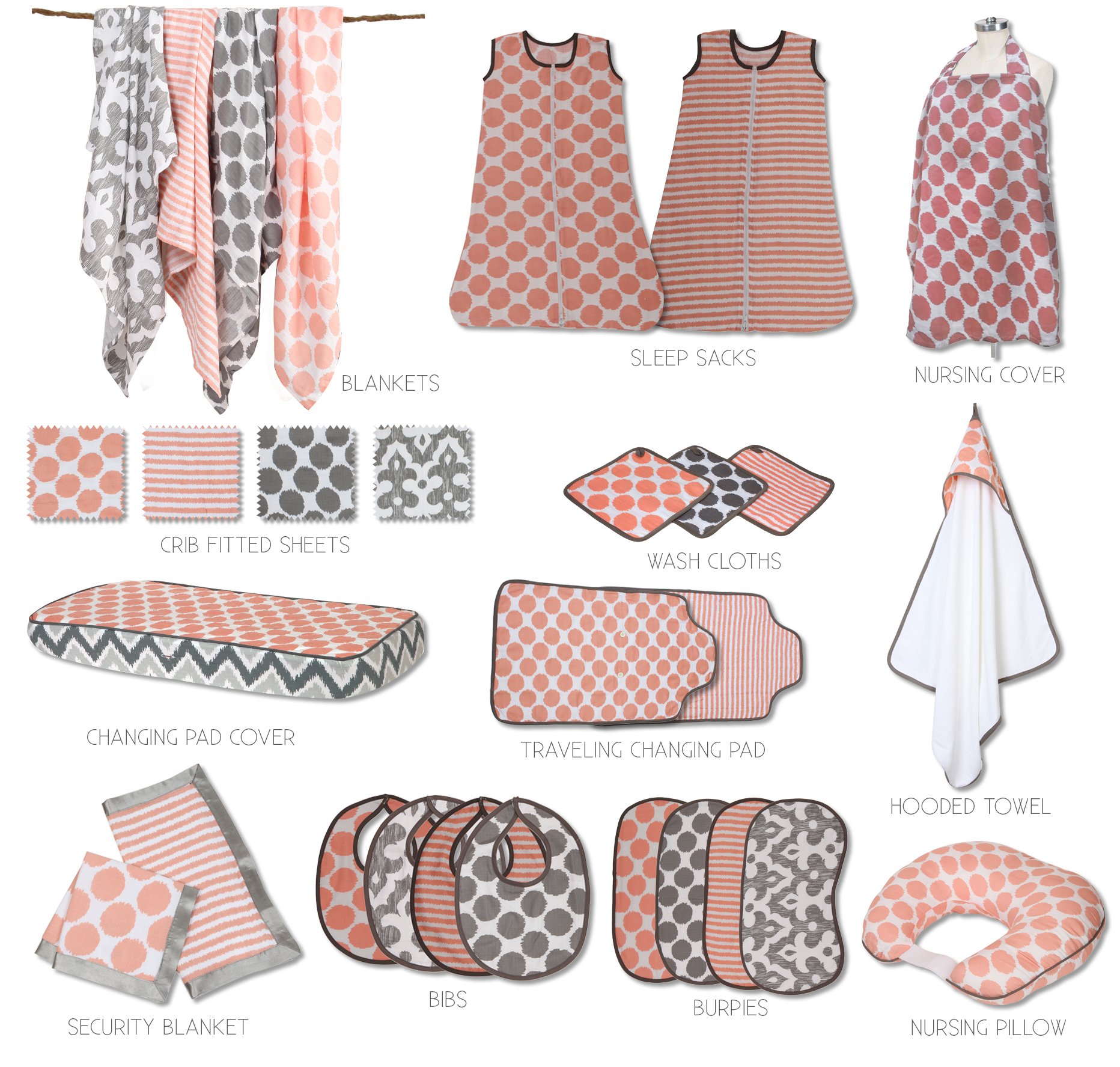 Bacati Coral Grey Ikat Chevron Muslin 10-Piece Neutral Crib Bedding Set with 4 Swaddle Blankets for Standard US Crib - Soft Baby Nursery Essentials for Newborns & Infants