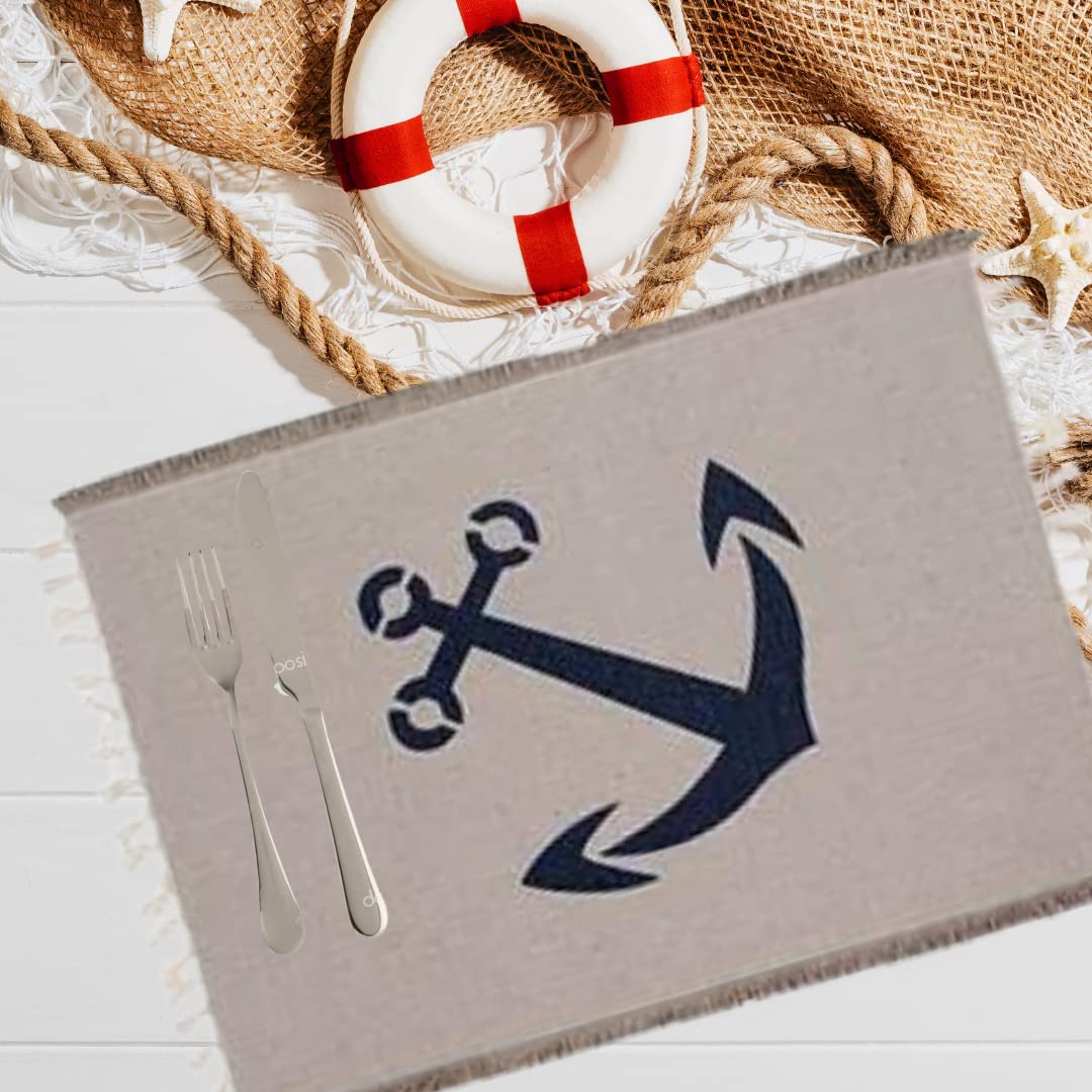 Nautical Sea Life Beach Table Placemats Set of 4 - Cotton Rectangular Dining Placemats with Anchor Design for Coastal Home Decor, Kitchen & Outdoor Picnic Use
