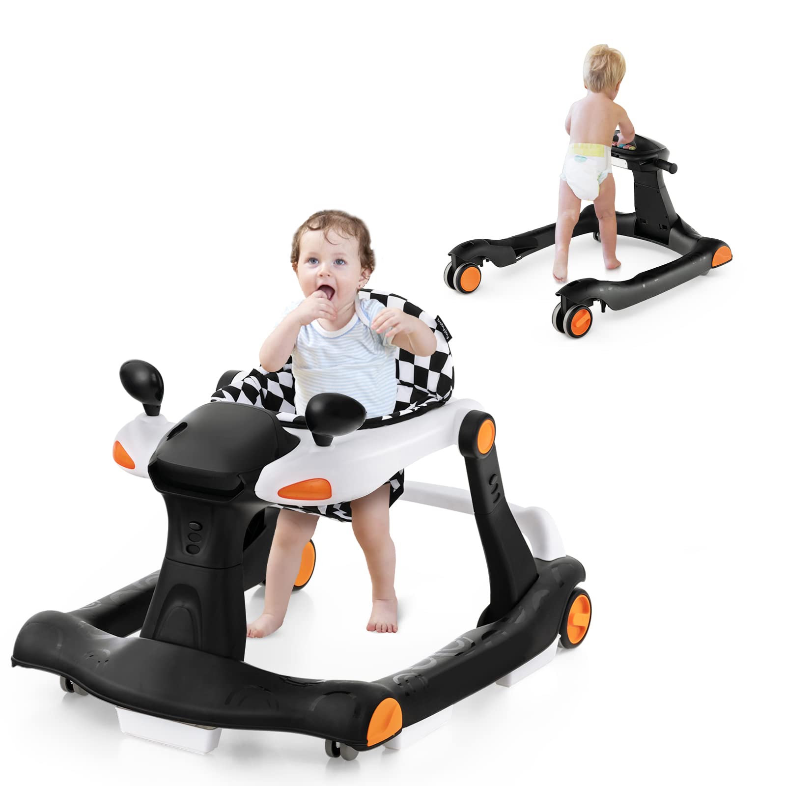 HONEY JOY Baby Walker - Foldable Push Learning Walker Toy with Wheels, Adjustable Height & Padded Seat for Boys & Girls 6-18 Months | Music, Lights, Mirrors | Indoor & Outdoor Use for Early Walking Development