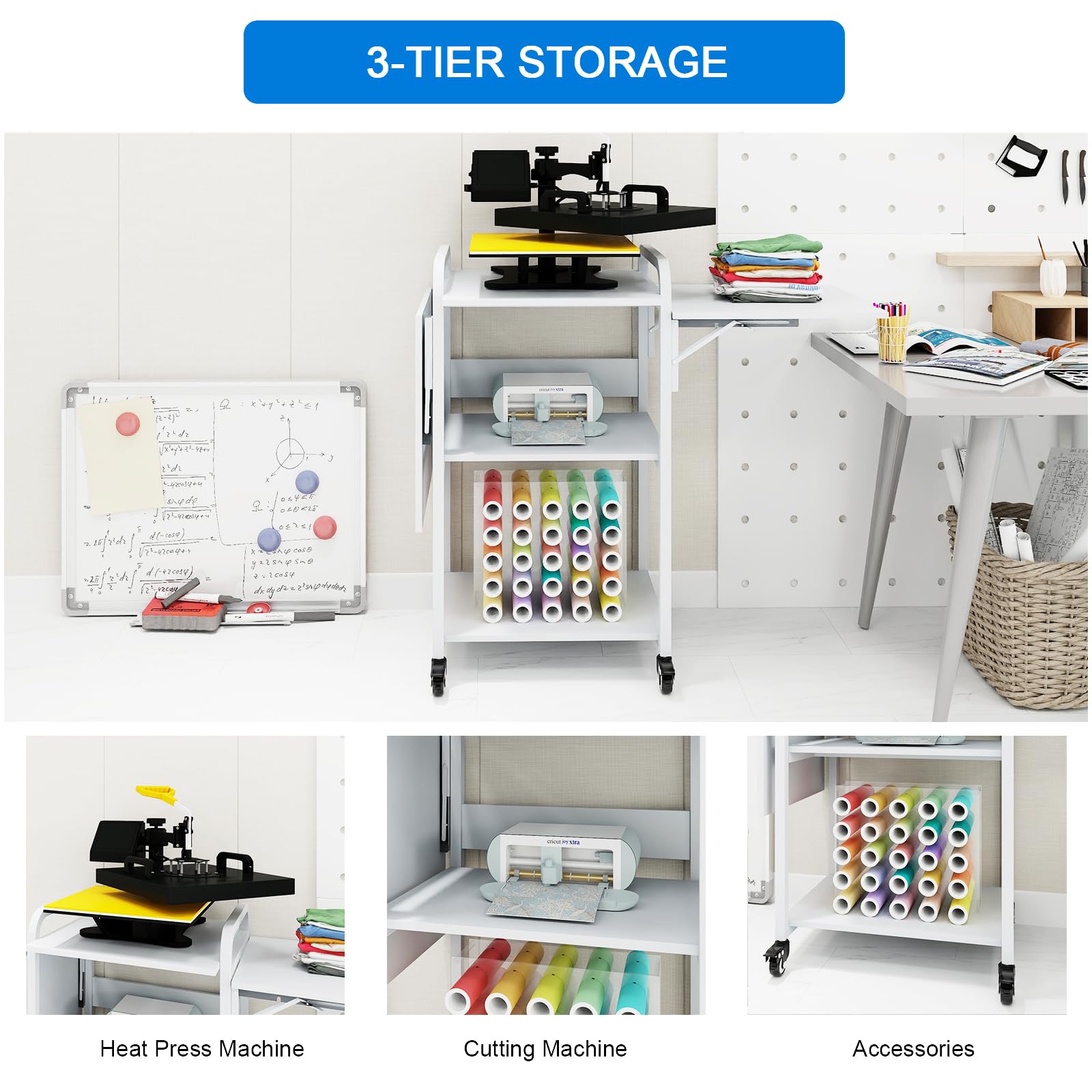 PUNCIA 3-Tier Heavy Duty Rolling Heat Press Table - Foldable Heat Transfer Machine Stand with Metal Shelf Storage for DIY Sublimation & T-Shirt Printing | Perfect for Craft Rooms, Garment Shops & Home Workspaces