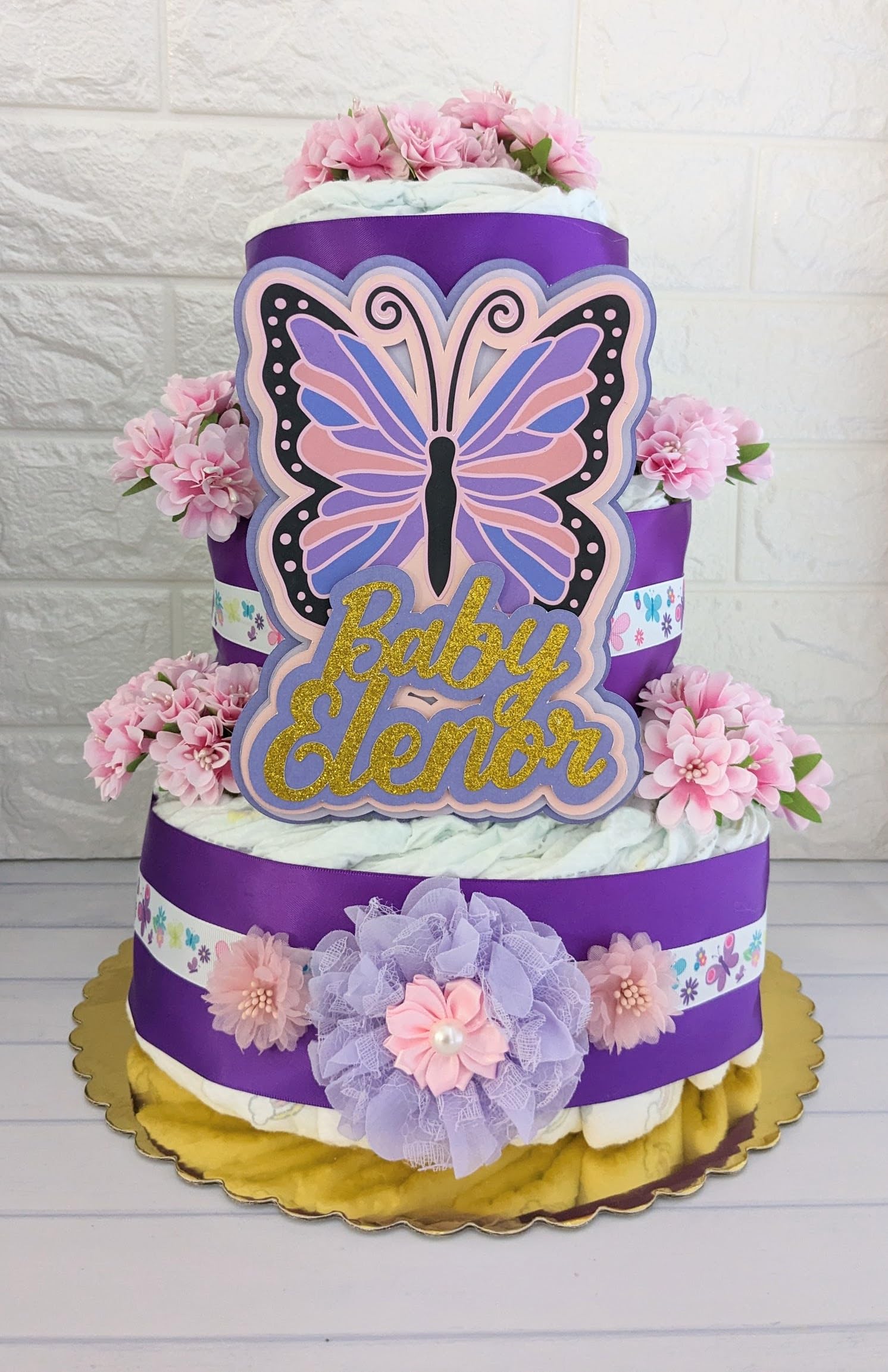 Handmade Purple and Pink Butterfly Theme Diaper Cake for Baby Girl Showers - Custom Name Keepsake Gift, Sprinkle Table Centerpiece & Photo Prop | Perfect for Baby Showers, Gender Reveals & Nursery Decor