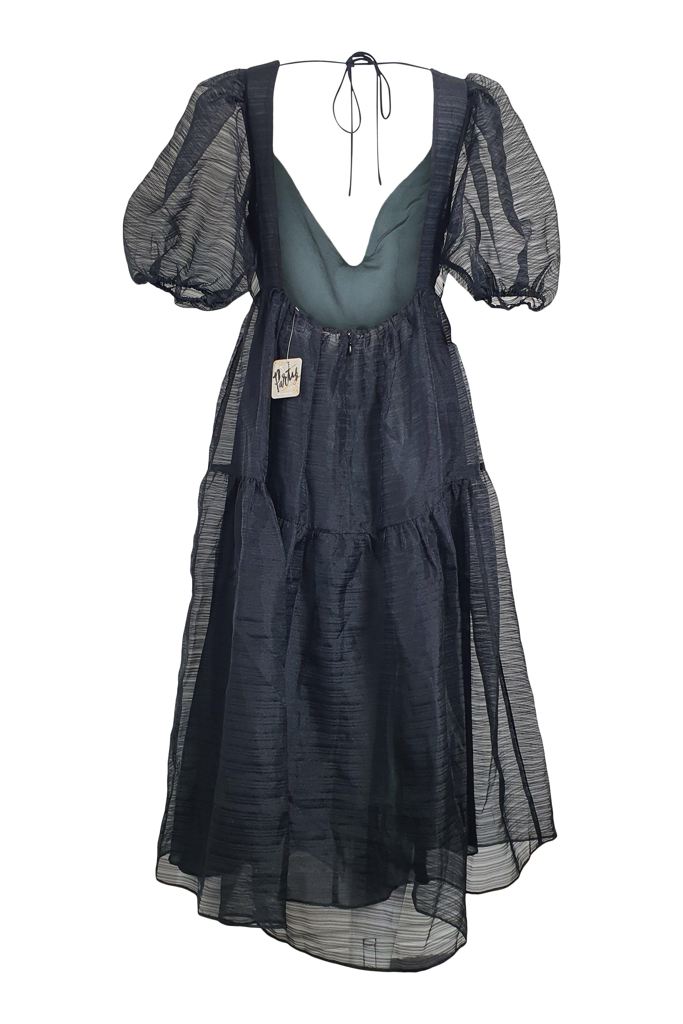 Free People Black Organza Puff Sleeve Midi Dress for Women | Size US 2 (UK 6) | Elegant Party, Wedding Guest & Special Occasion Outfit