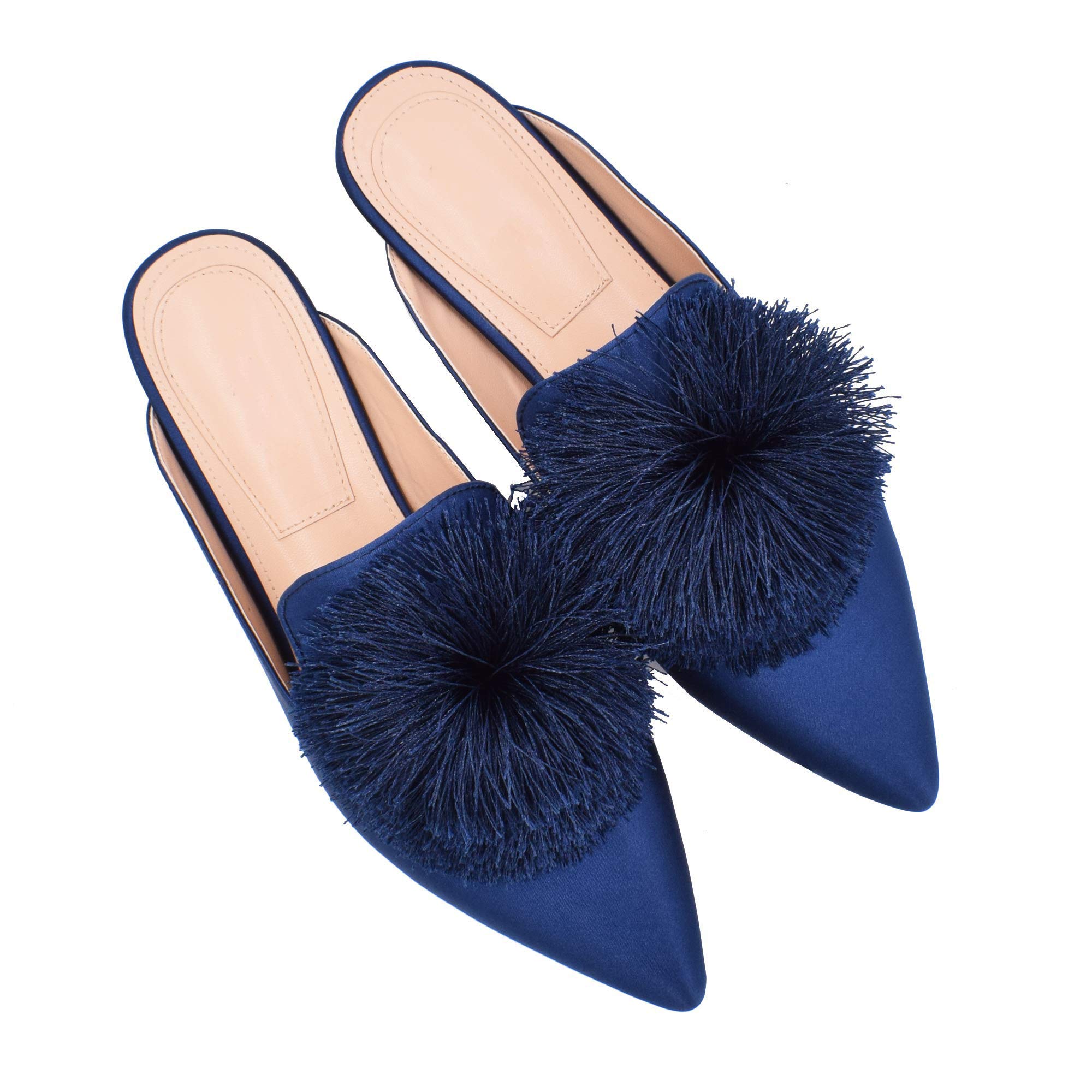 Fericzot Women's Slip On Mule Loafers - Backless Pointed Toe Flats with Puff Pompom Detail - Comfortable Casual Shoes & House Slippers for Women - Perfect for Work, Home, and Everyday Wear