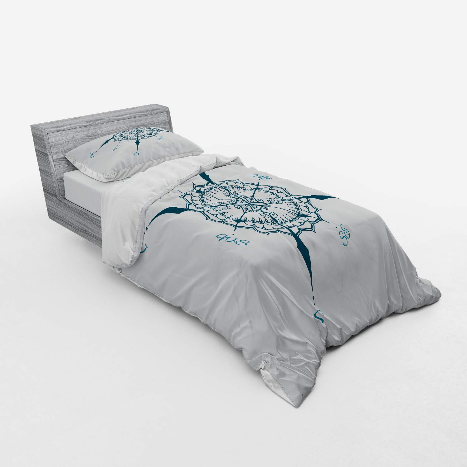 Ambesonne Compass Duvet Cover Set - Hand Drawn Windrose Floral Design, Nautical Boating Theme 3-Piece Bedding Set with Pillow Sham & Fitted Sheet, Twin Size in Cream & Dark Green | Perfect for Coastal Bedrooms, Guest Rooms & Nautical-Themed Decor