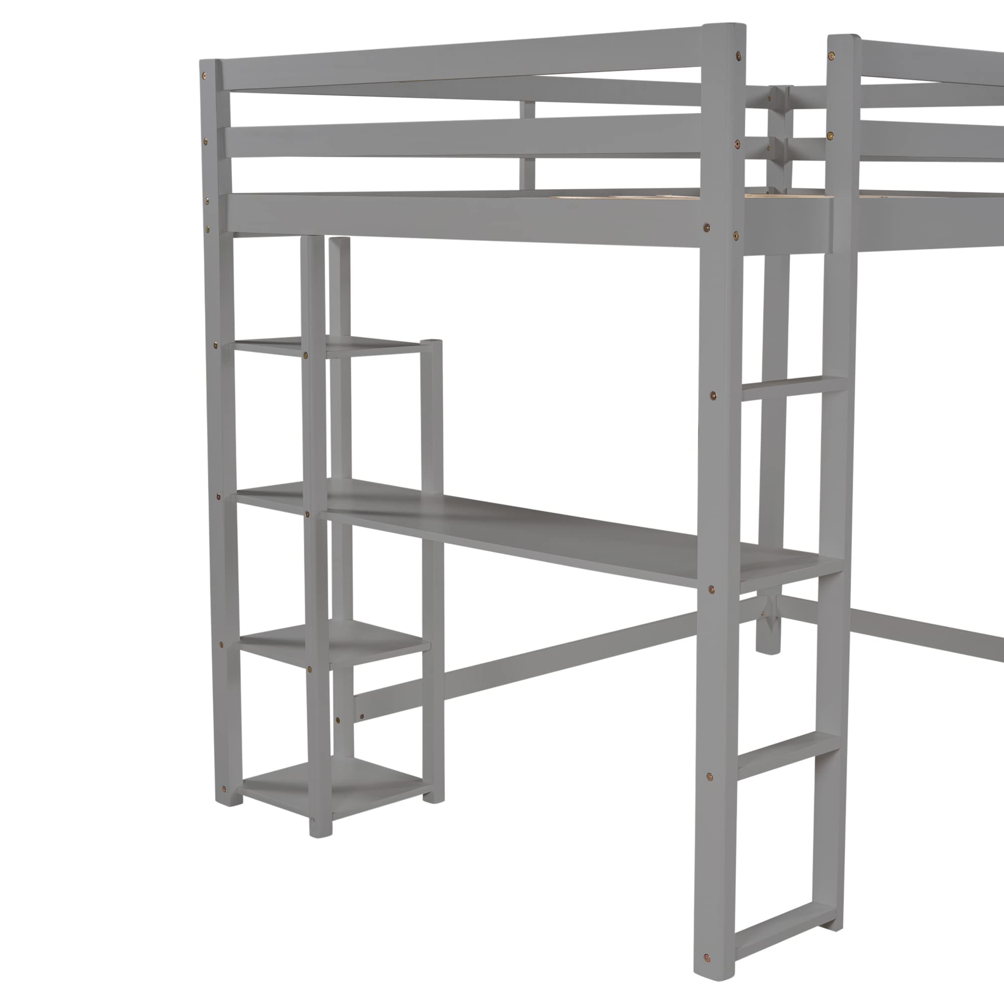 SOFTSEA Full Size Loft Bed with Storage Shelves & Under Bed Desk - Solid Wood Space Saving Bed Frame for Kids, Teens & Juniors - Grey - Perfect for Small Bedrooms, Dorm Rooms & Studio Apartments