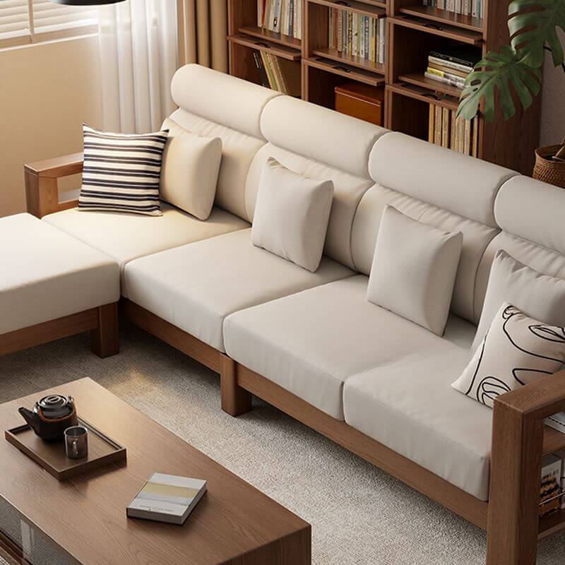 Minimalist Modern 4-Seater Sofa Couch with Square Arm, Storage Ottoman & 2 Pillows - Dark Grey/Cream - Perfect for Living Room, Lounge & Small Spaces