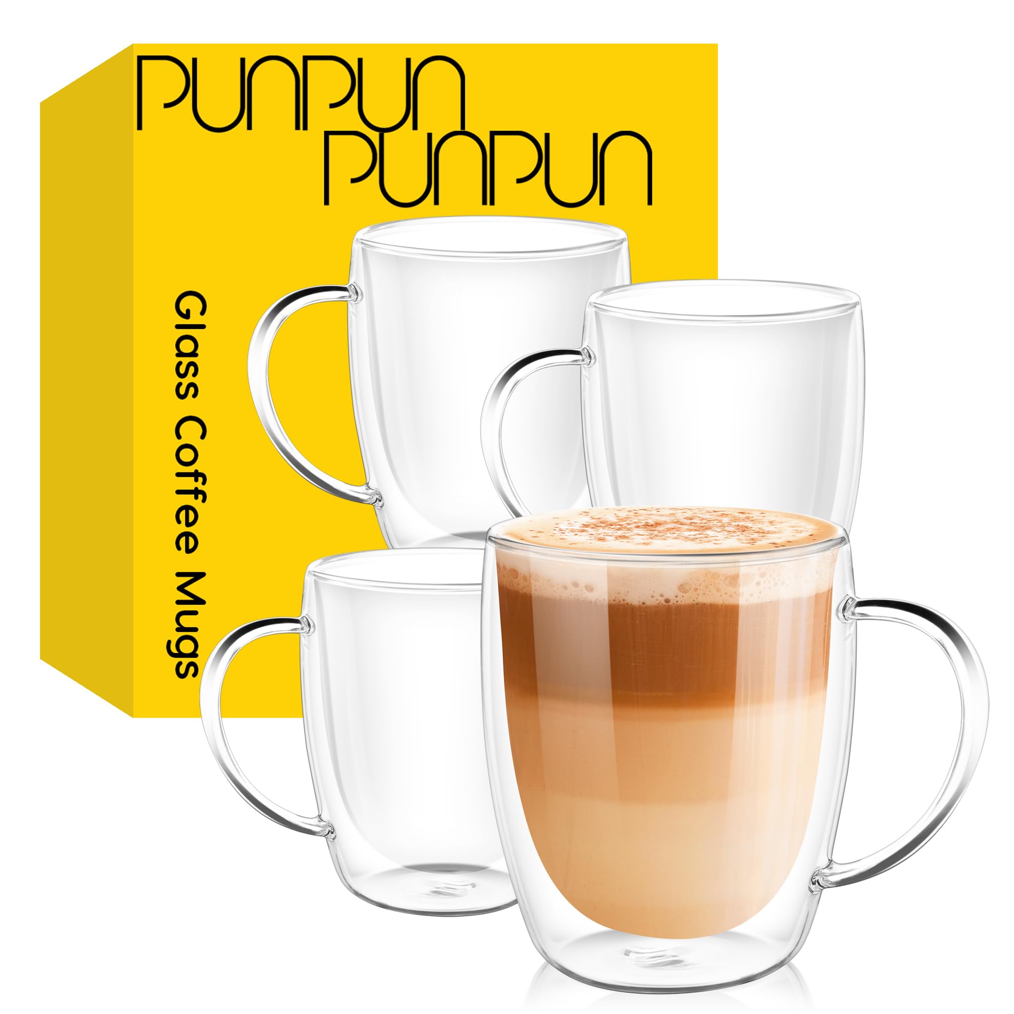Premium 12.9oz (380ml) Clear Double Wall Glass Coffee Mugs - Set of 4, Large Handle for Hot & Iced Drinks - Perfect for Latte, Espresso, Tea - Ideal for Home, Office & Cafe Use