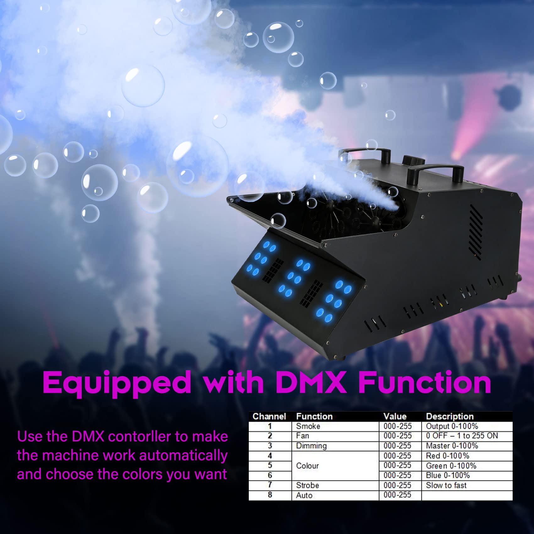 TC-Home 3-in-1 Stage Fog Bubble Machine with 18 RGB LED Lights & DMX Control - Professional Fogger Effect with Dual Bubble Fans for DJ Parties, Concerts, and Stage Performances