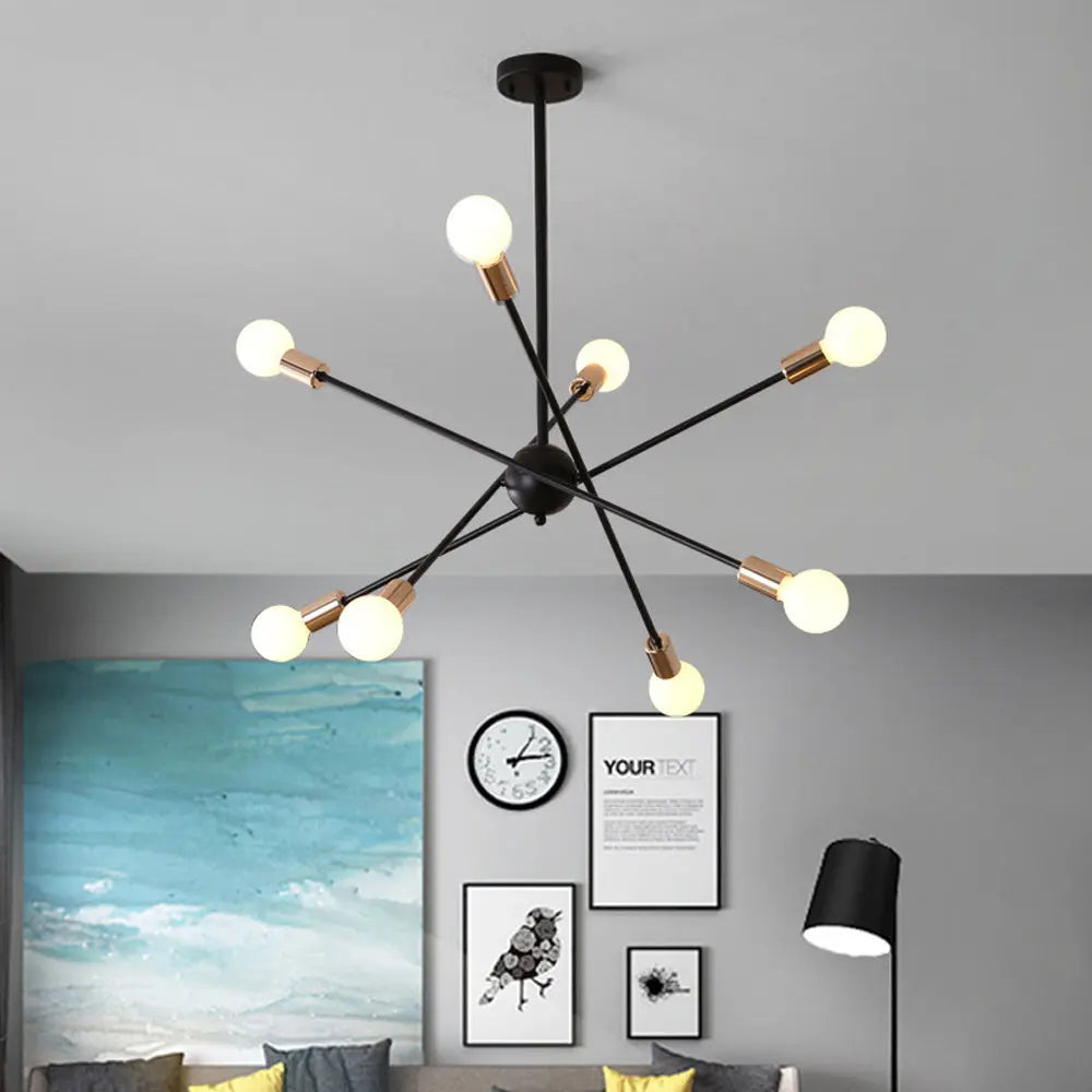 Black and Gold Sputnik Chandelier - 6 or 8 Light Modern Ceiling Fixture for Dining Room, Living Room & Bedroom Lighting