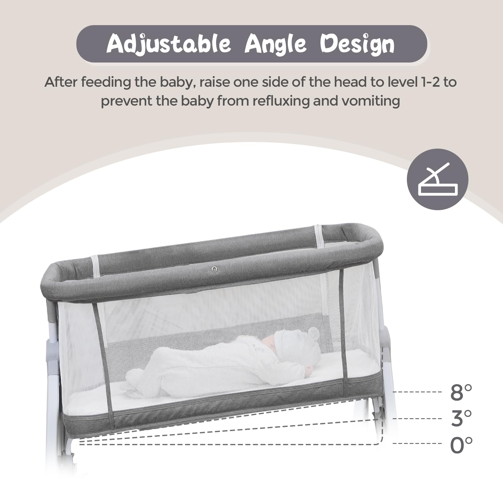3-in-1 Foldable Baby Bassinet with Hanging Toys & Storage Basket - Adjustable Height Bedside Sleeper Crib with 4-Sided Mesh & Wheels (Light Grey) - Perfect for Nursery, Bedroom & Travel Use