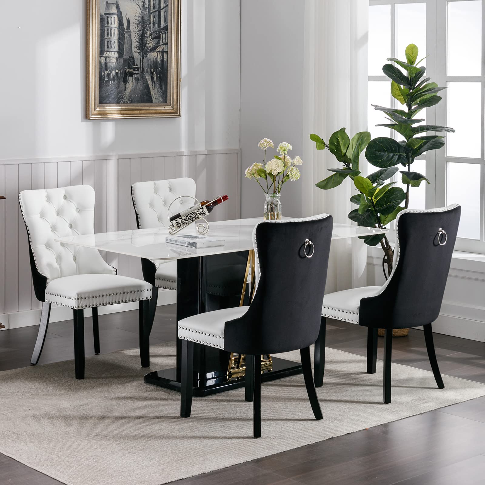 Luxury Velvet & PU Leather Dining Chairs Set of 4 - Tufted Upholstered Kitchen & Dining Room Chairs with Solid Wood Frame (White & Black) - Perfect for Modern Home, Restaurant, and Office Use