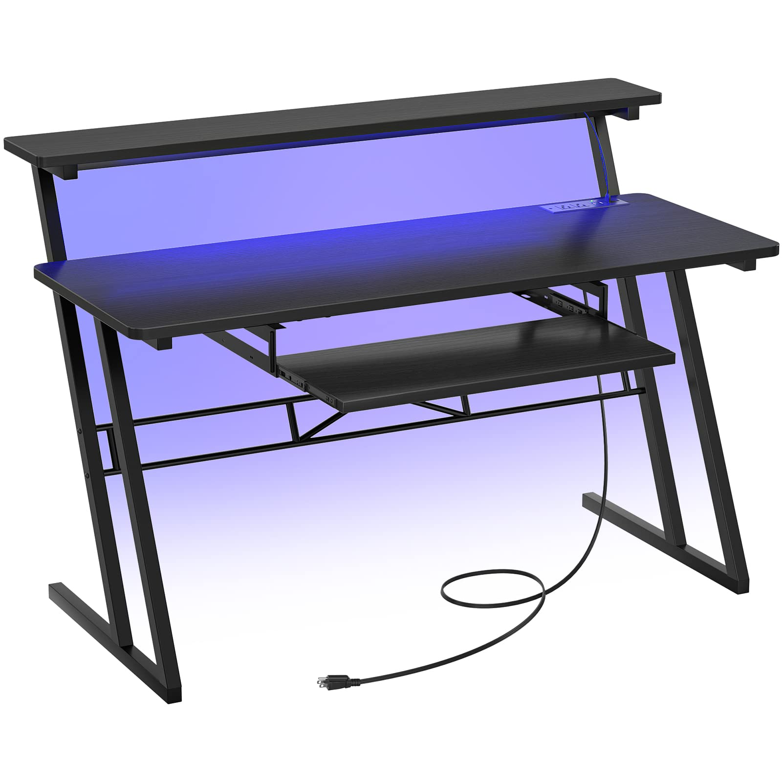 Armocity Music Studio Desk with Power Outlets & RGB LED Lights - Professional Recording Studio Workstation for Music Producers, DJs & Home Studios - Matte Black Design for Home & Professional Music Production Spaces