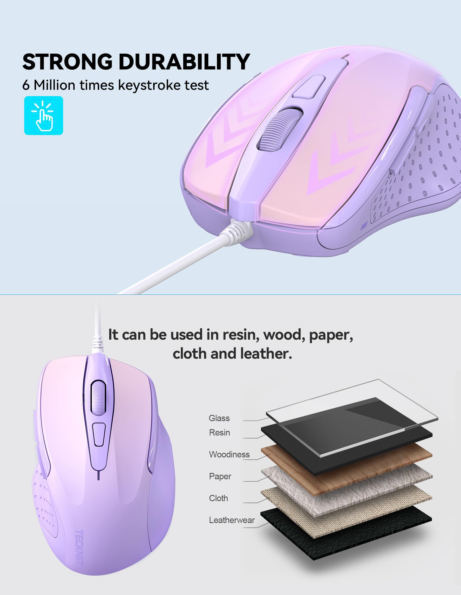 TECKNET USB Wired Mouse - 6-Button Ergonomic Optical Mouse with 4 Adjustable DPI (800/1200/1600/2400), 5FT Cord for Laptop, PC, Mac, Chromebook - Comfortable Computer Mouse for Office Work, Gaming & Home Use - Gradient Lavender