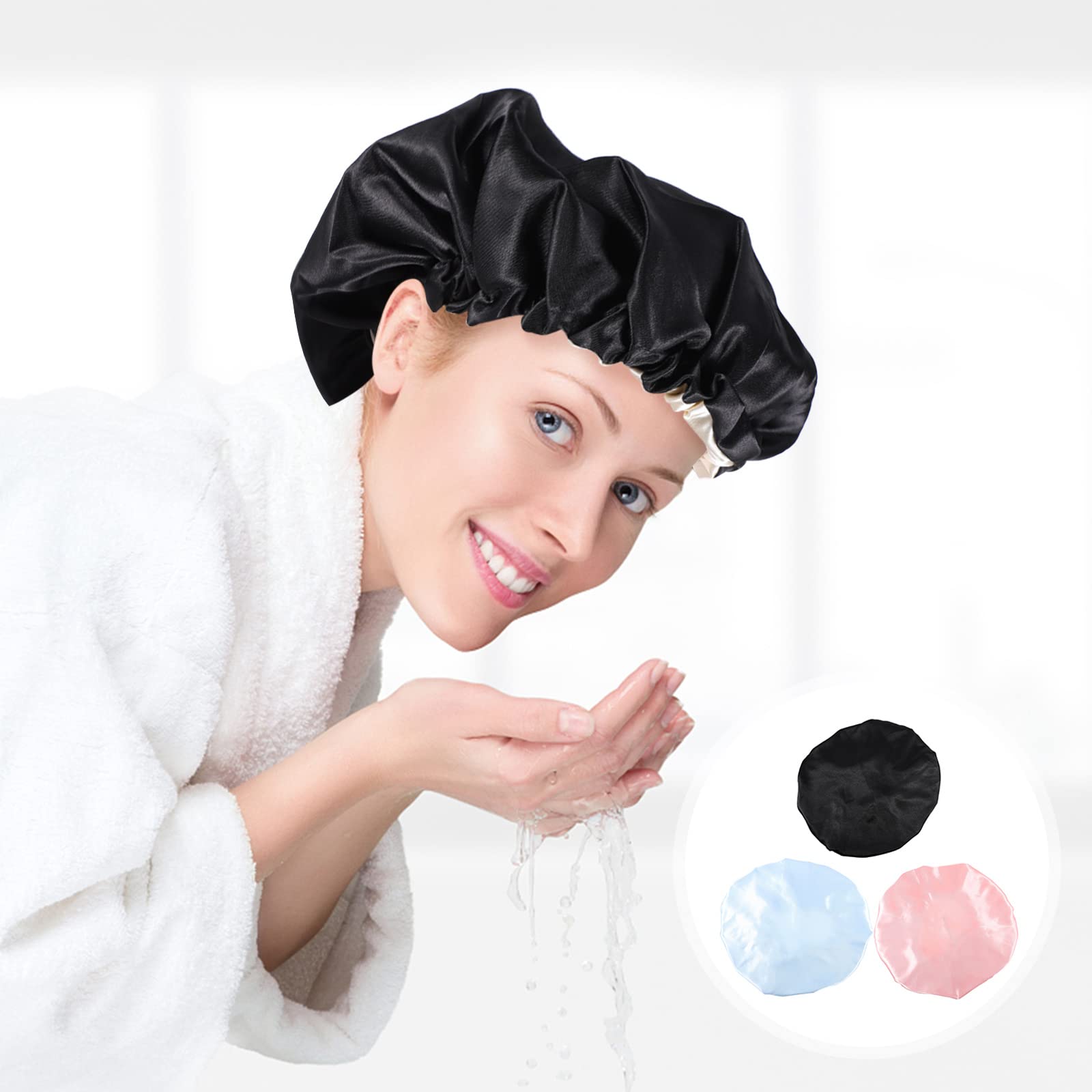 EXCLUZO 3-Pack Adjustable Double Layer Sleep Hat for Women - Soft Satin Shower Cap & Hair Cover for Home, Travel & Spa Use