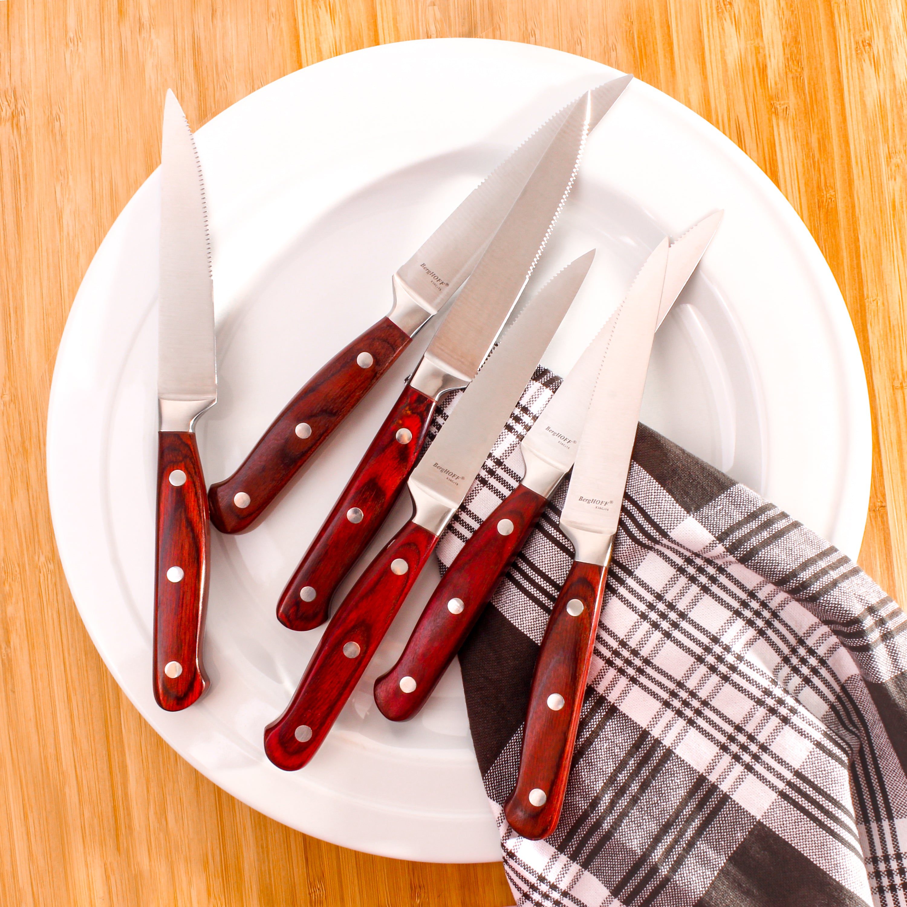 BergHOFF Pakka Wood 6-Piece Stainless Steel Steak Knife Set - Premium Steak Knives for Steak Lovers, BBQ, Dinner Parties & Fine Dining (4.75