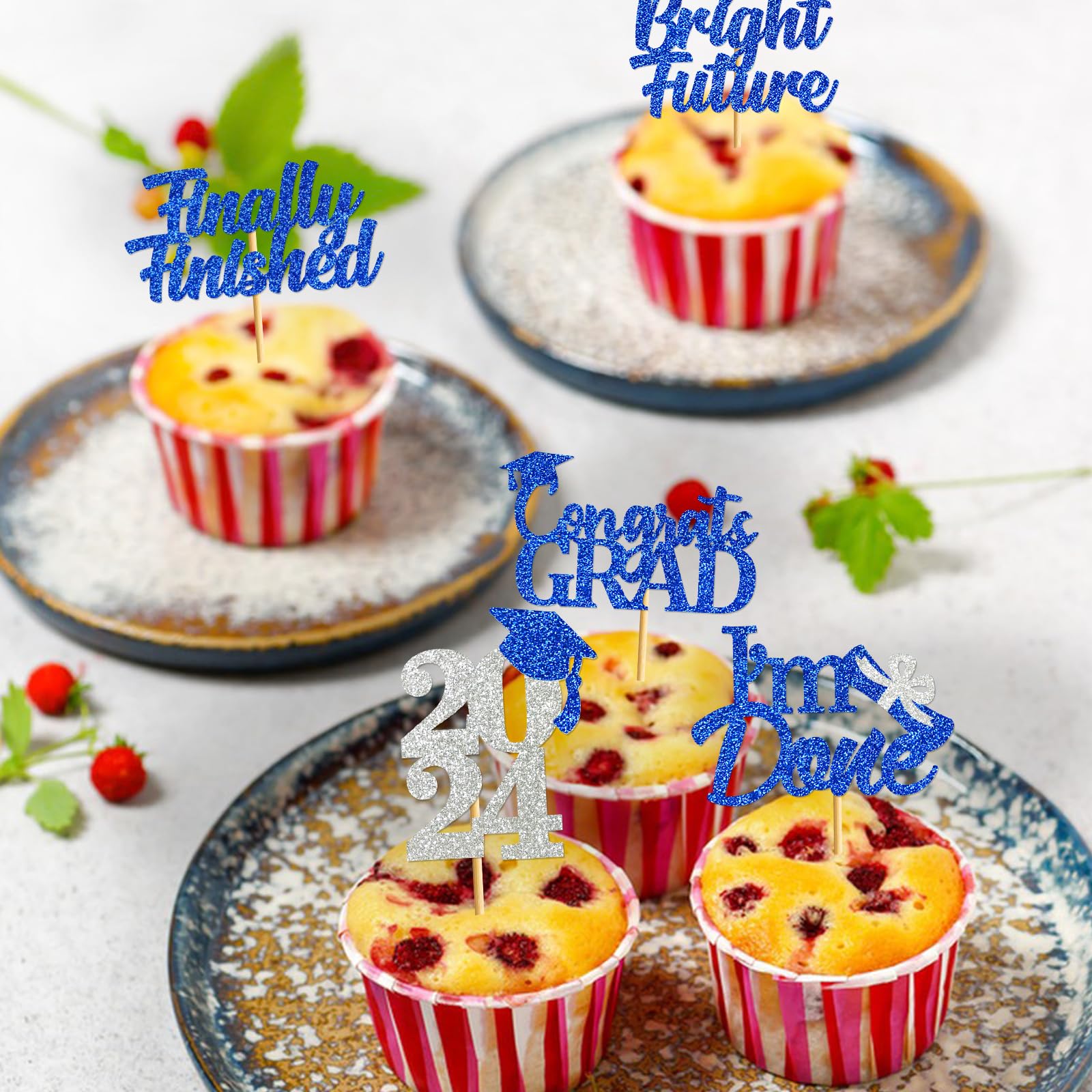 2024 Graduation Cupcake Toppers - Class of 2024 Party Decorations (Blue & Silver, 40Pcs) | Perfect for Graduation Parties, School Celebrations & Dessert Table Decor