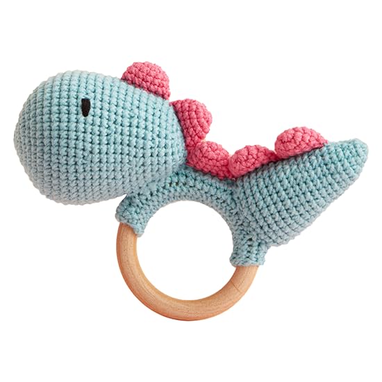 Chippi & Co Wooden Crochet Baby Rattle - Handmade Dinosaur Stuffed Animal Toy for Newborns & Toddlers | Safe Easter Gift, Baby Shower Decor, Nursery Toy | Perfect for Sensory Play, Teething Relief & Early Childhood Development (Blue Dinosaur)