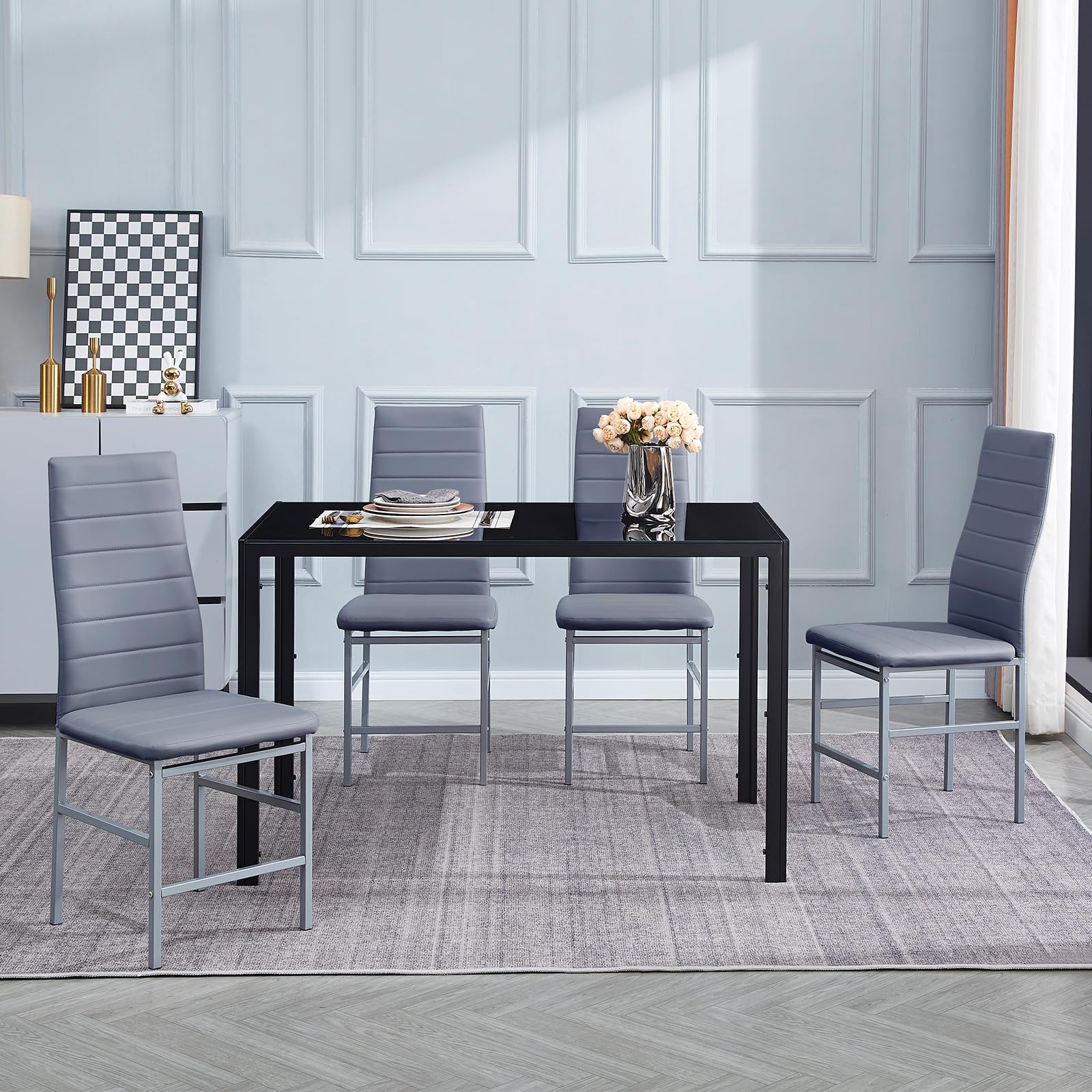 5-Piece Dining Table and Chair Set - Rectangular Glass Table with 4 PU Chairs (Black Table/Gray Chairs) - Perfect for Small Kitchens, Breakfast Nooks & Compact Dining Spaces