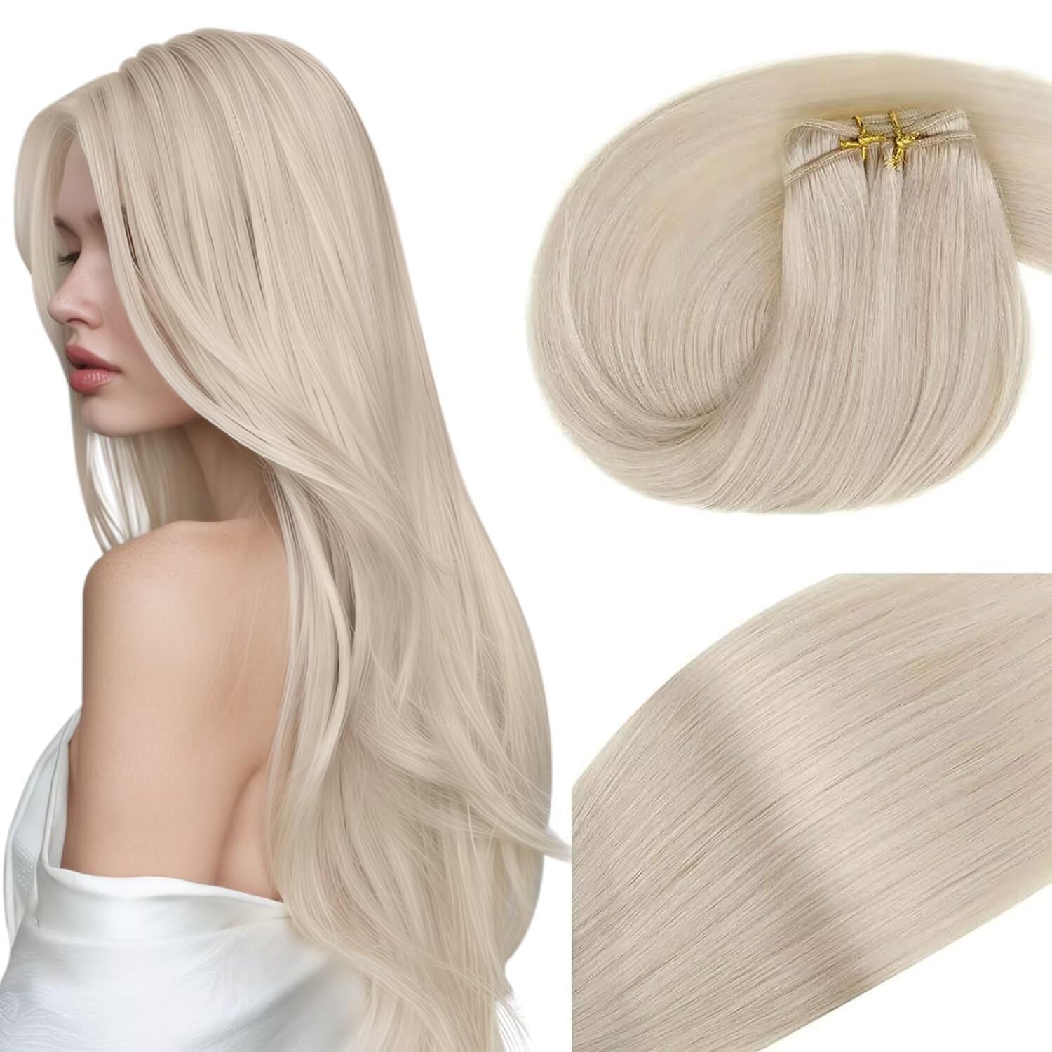 22 Inch Platinum Blonde Sew-in Human Hair Extensions - 100G Double Weft Straight Hair Weft for Thick Full Head - Perfect for Parties, Weddings & Daily Styling