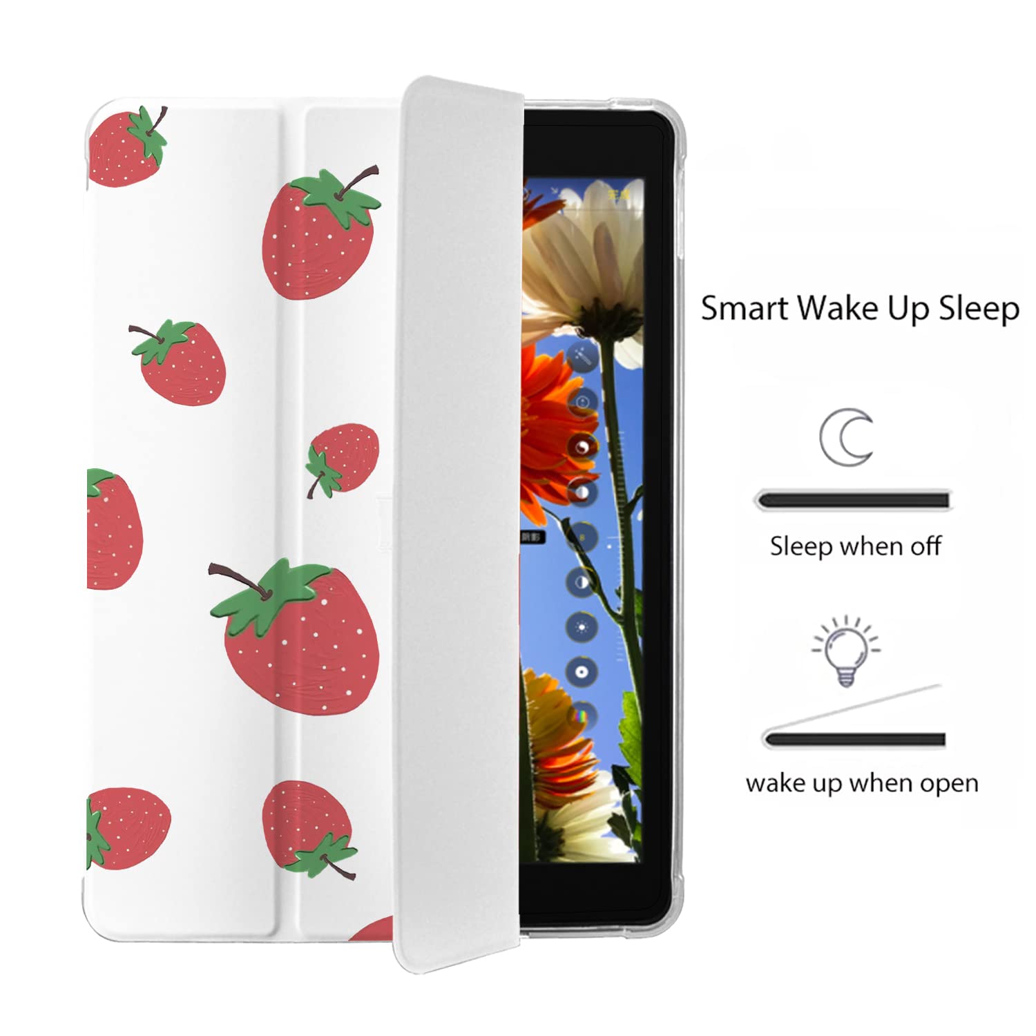 Strawberry Pattern Leather iPad Air 3 Case with Pencil Holder & Auto Sleep/Wake - White Genuine Leather with Clear TPU Back Cover for iPad Pro 10.5 Inch (2017 Model) - Perfect for School, Office & Travel Protection