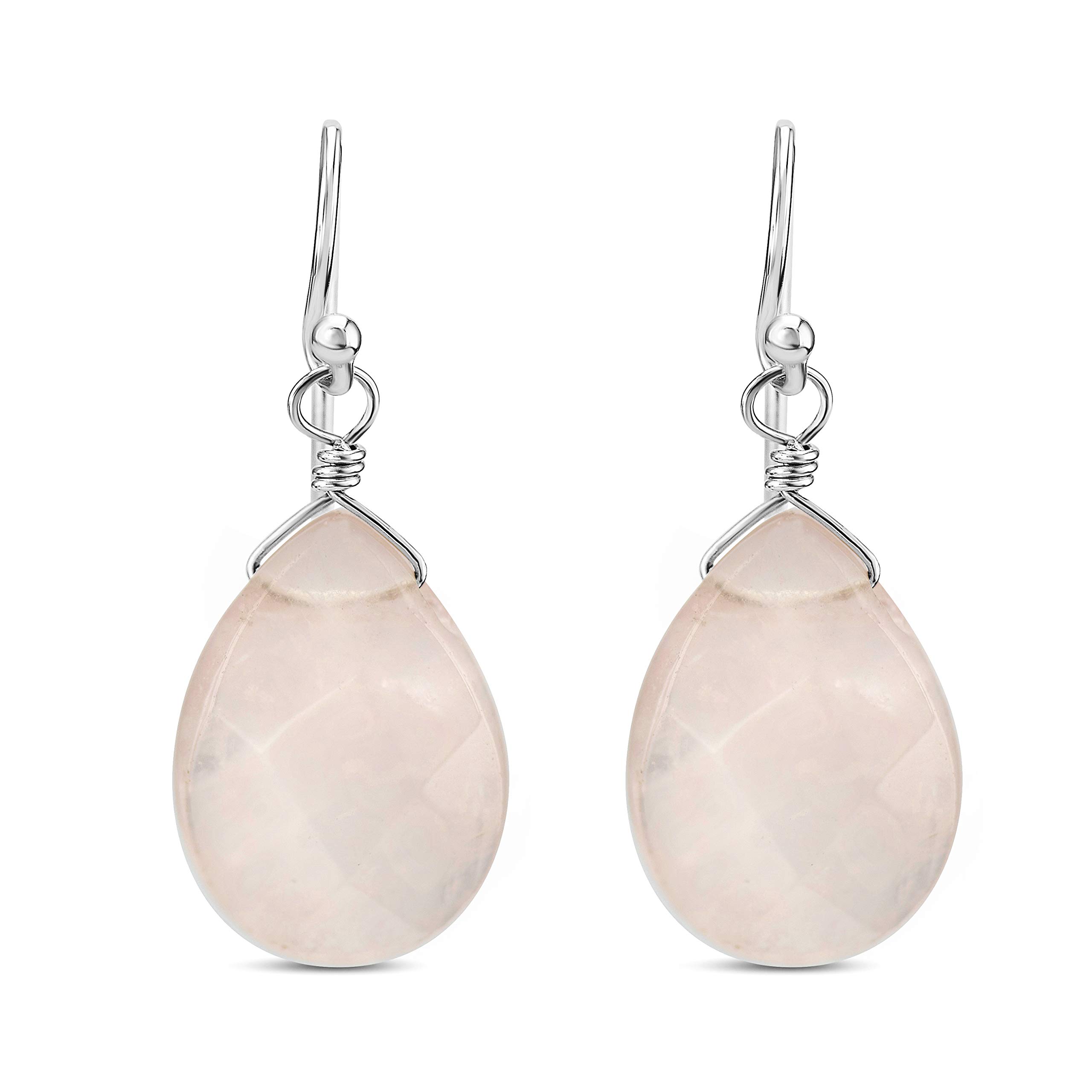FRONAY Natural Rose Quartz Dangle Earrings - Handmade 925 Sterling Silver Drop Earrings for Women | Healing Crystal Jewelry, Gift for Her, Perfect for Date Night & Special Occasions