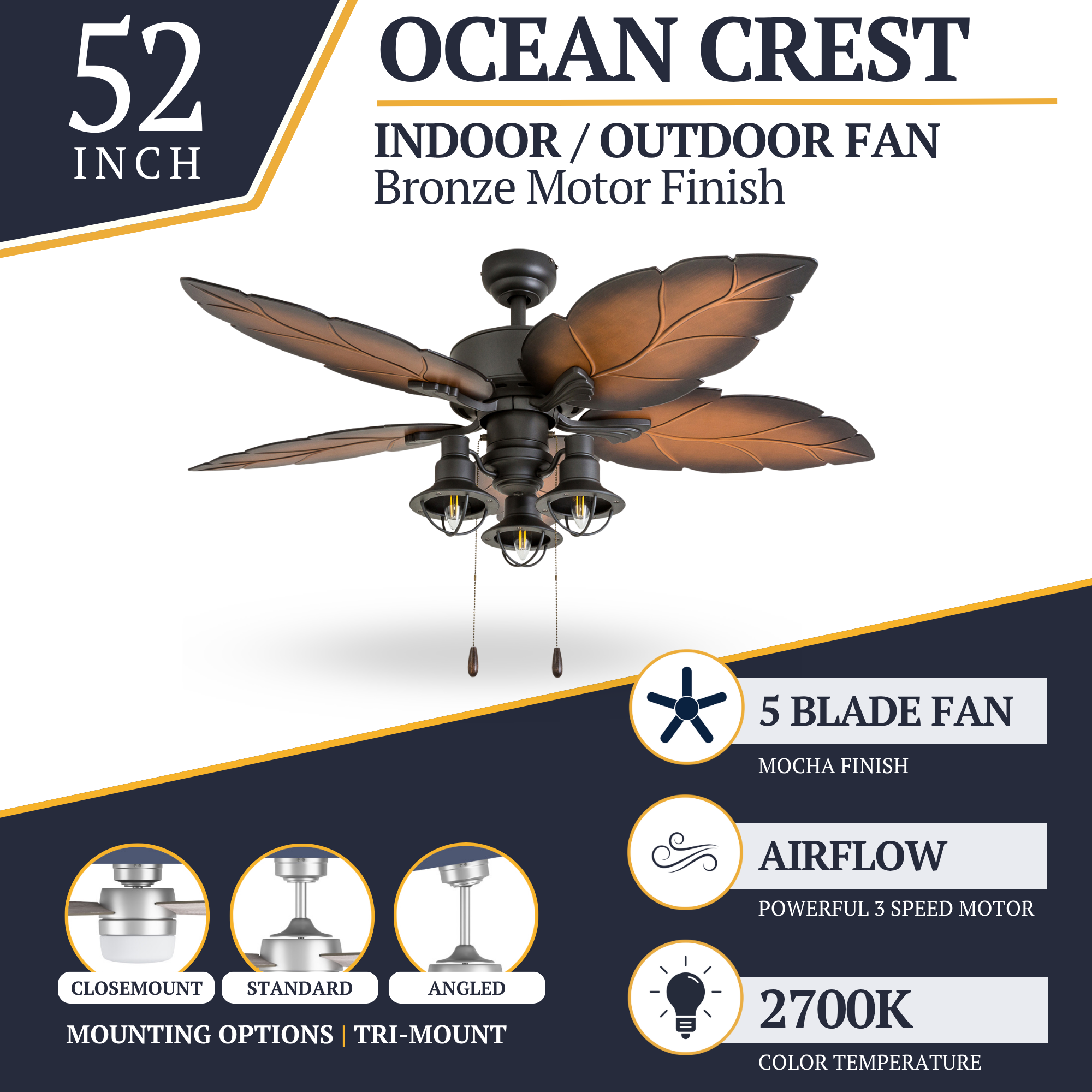 52 Inch Bronze Ocean Crest Ceiling Fan with Pull Chain - Indoor/Outdoor Use for Bedroom, Living Room, Patio & Covered Porch