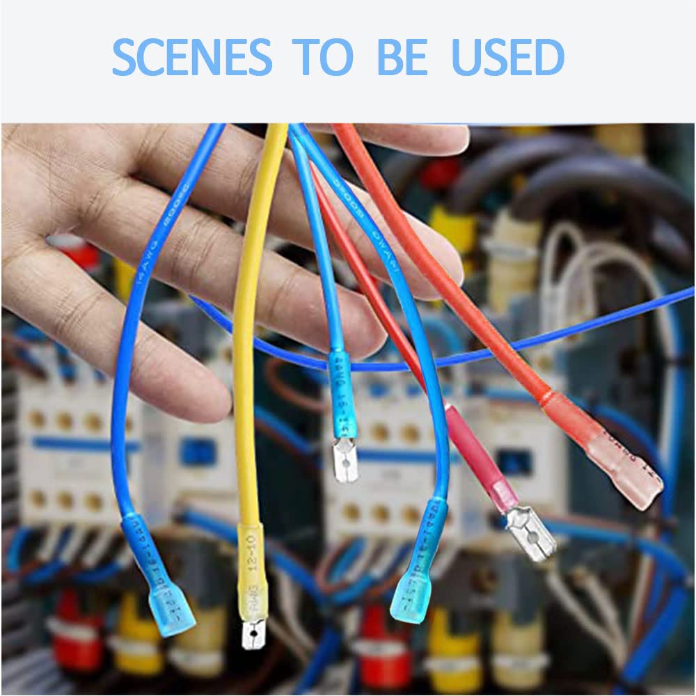 200pcs Heat Shrink Spade Connectors - Insulated Quick Disconnect Electrical Terminals for Automotive, Marine & Home Wiring Projects - Waterproof Wire Connectors Kit (Red, Blue, Yellow) - Perfect for DIY Electrical Repairs, Boat Wiring & Car Stereo Installations