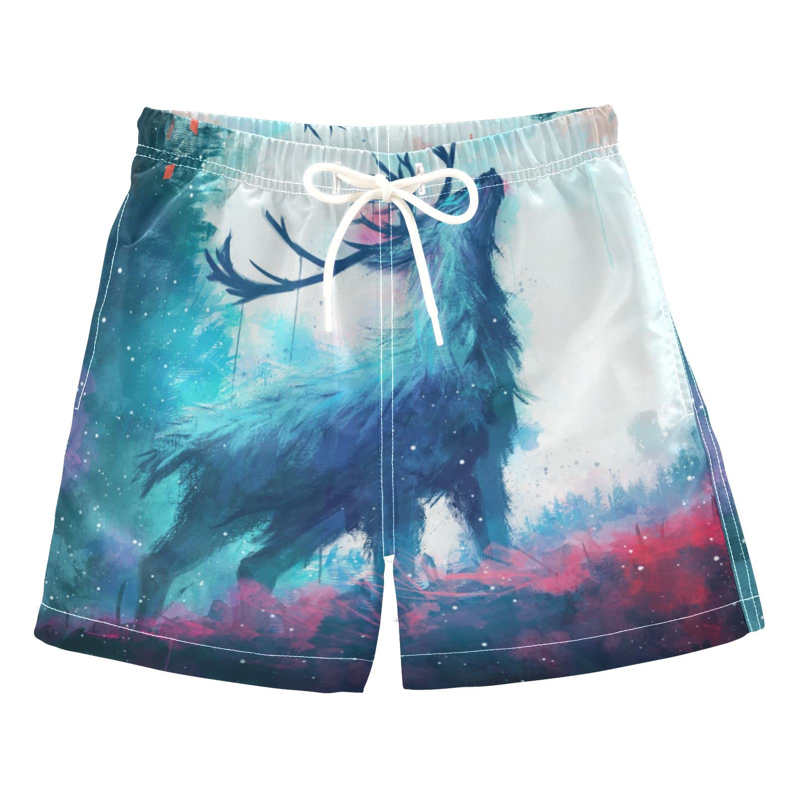 AMICHIC Boys' Swim Trunks with Adjustable Drawstring & Pockets - Quick-Dry Deer Print Beach Shorts for Toddler Swimming, Pool Party & Summer Vacation