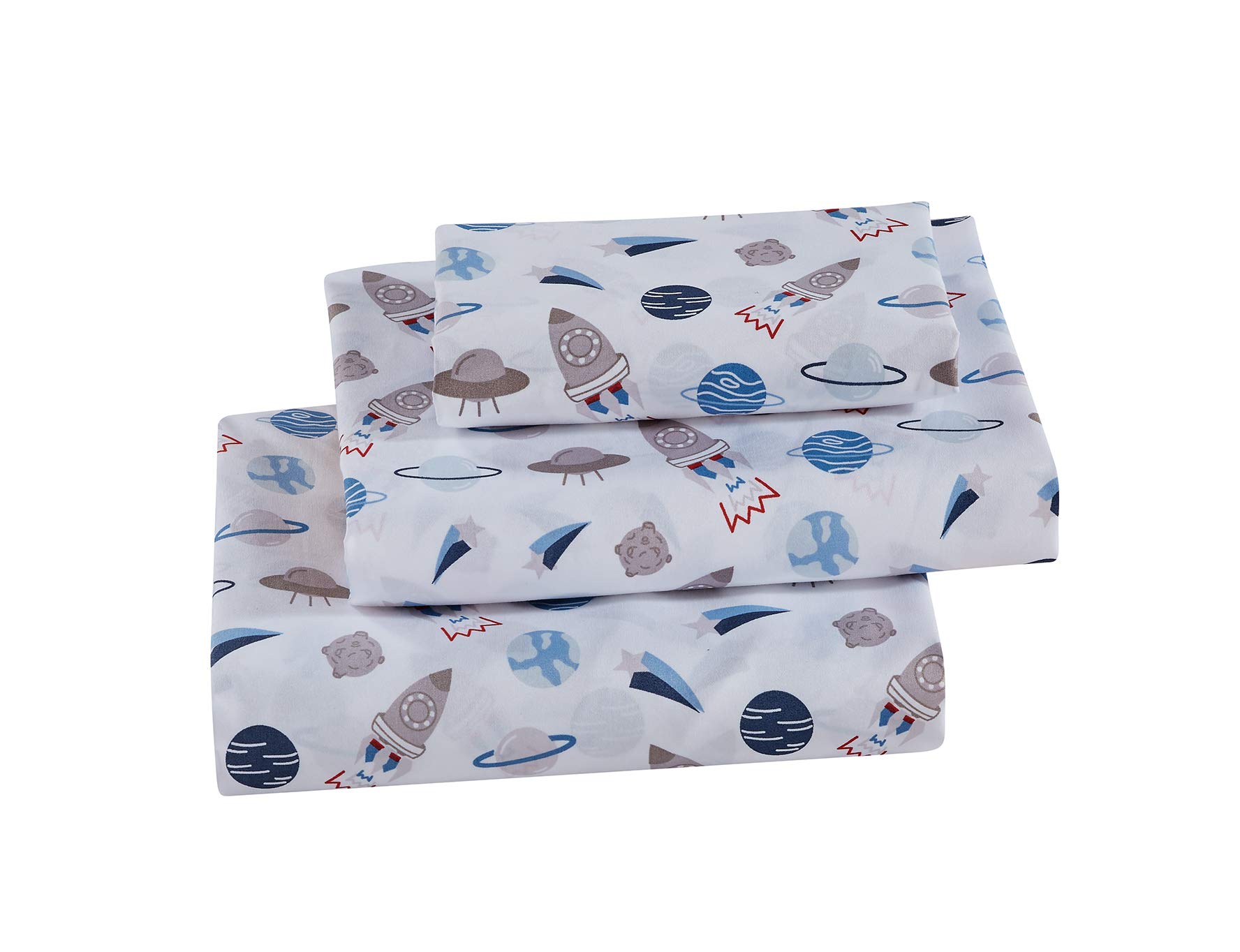 Premium Kids Solar System Bedding Set - Twin Size Linen Sheets with Spaceship, Rocket & UFO Designs in Blue, White, Grey & Red | Astronomy Themed Room Decor for Boys & Girls | Perfect for Space-Themed Bedrooms, Dorm Rooms & Gift Giving