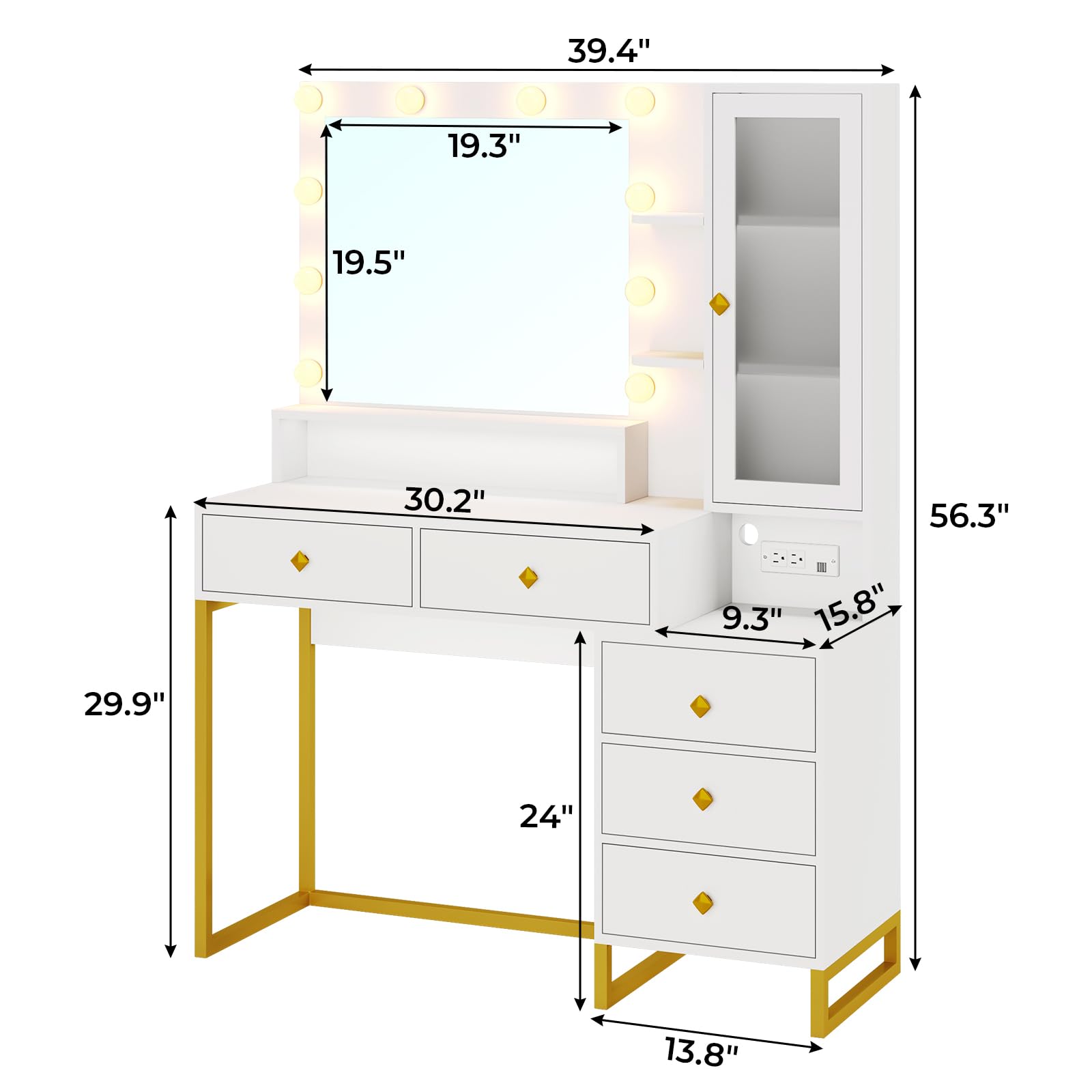Tiptiper Makeup Vanity with Lights & Charging Station, 5 Drawers & Shelves - Perfect for Home Beauty Setup