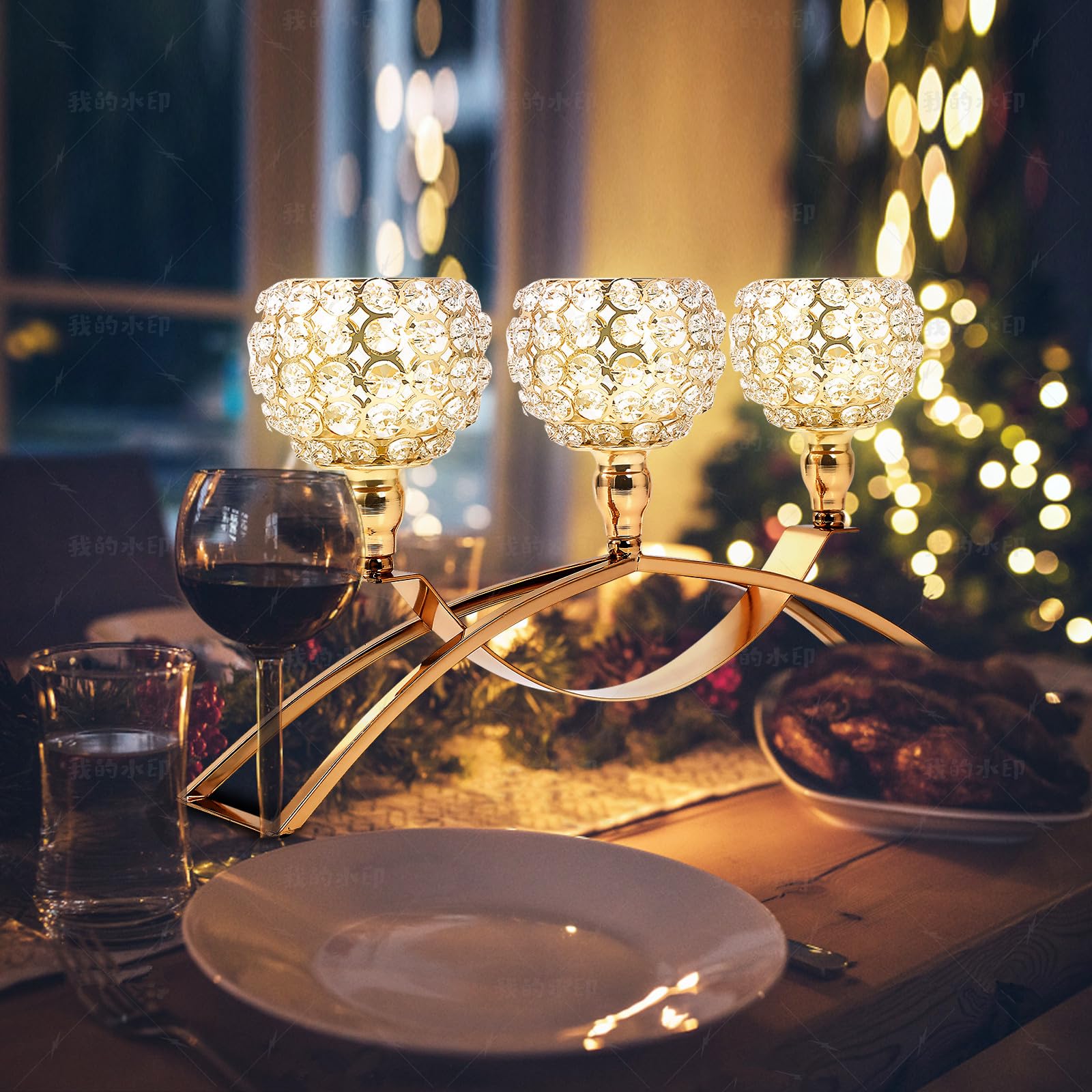 Gold Crystal Beaded 3-Arm Candelabra Candle Holder - Elegant Hurricane Tea Light Centerpiece for Wedding, Dining Table, Coffee Table Decor - Perfect Living Room & Dinner Table Decoration - Thoughtful Gift for Women, Wife, Mom - Ideal for Romantic Dinners, Holiday Decor & Special Occasions