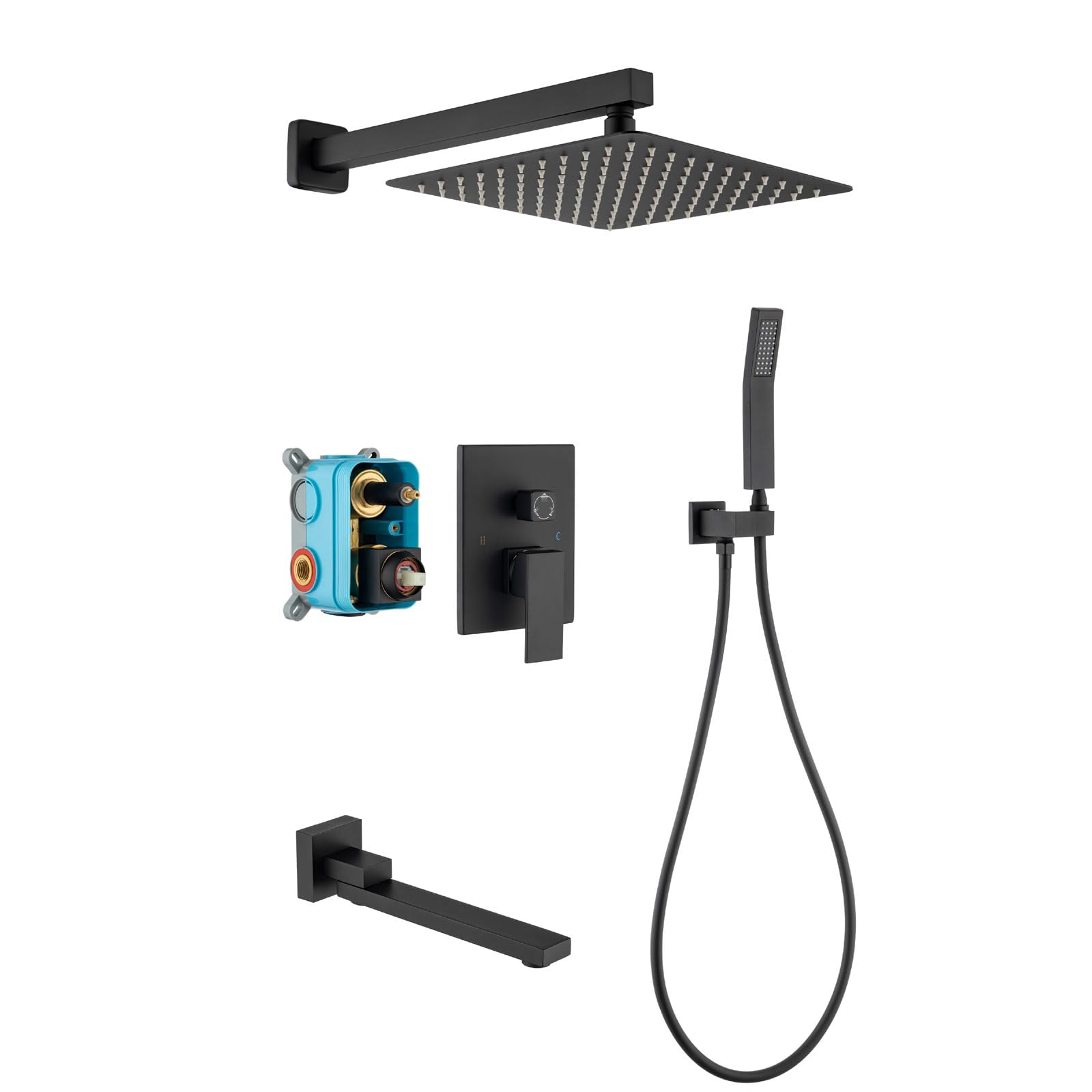 Premium Black Shower System with Tub Spout & Rainfall Showerhead - Complete Wall-Mounted Set Includes Pre-Embedded Valve, Handheld Shower & 12-Inch Rain Shower Head for Luxurious Bathroom Upgrade | Perfect for Modern Homes, Spa-Like Experience & Water-Saving Bathrooms