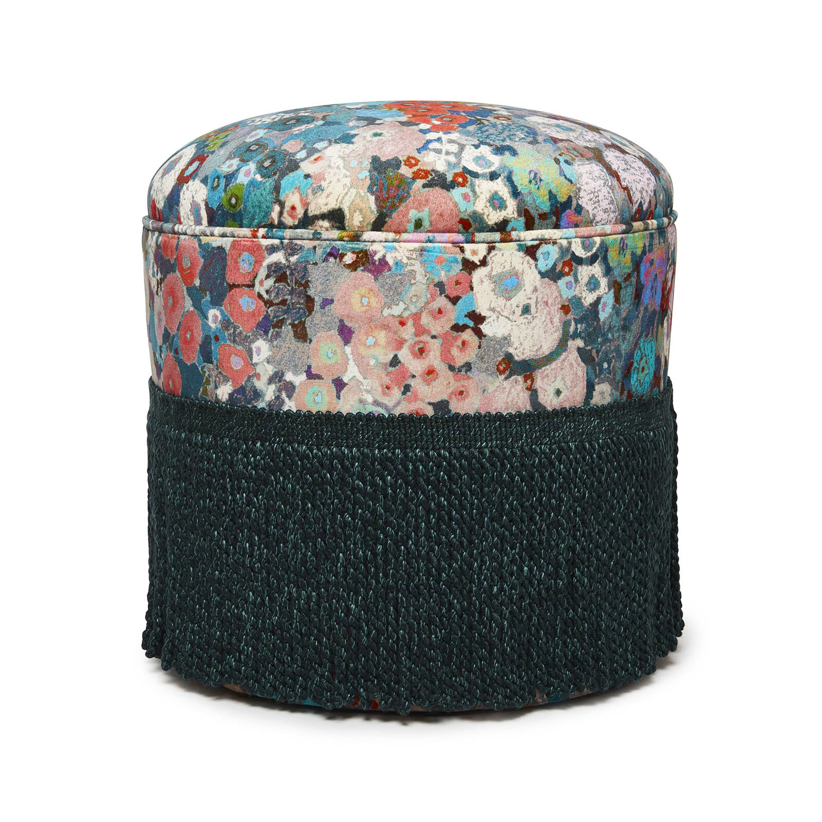 Hollyhocks Velvet Ottoman Pouf - Soft Round Footstool for Living Room, Bedroom, or Dorm - Winter Home Decor Accent Piece