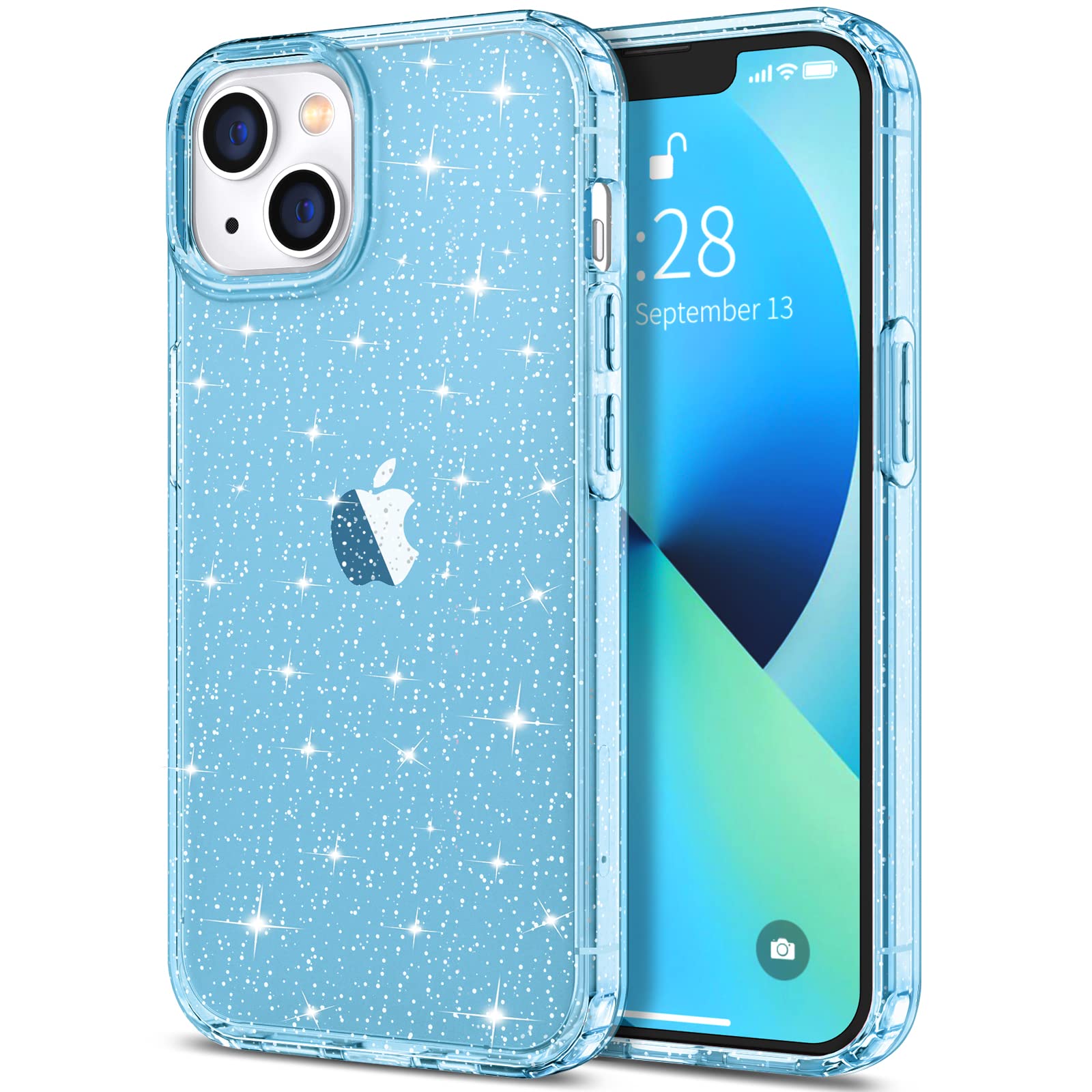 Hython Glitter Case for iPhone 13 - Sparkly Clear TPU Cover with Anti-Scratch & Shockproof Protection | Slim Fit Cute Bling Phone Case for Women & Girls (Blue Glitter) | Perfect for Everyday Use, Parties & Gifts
