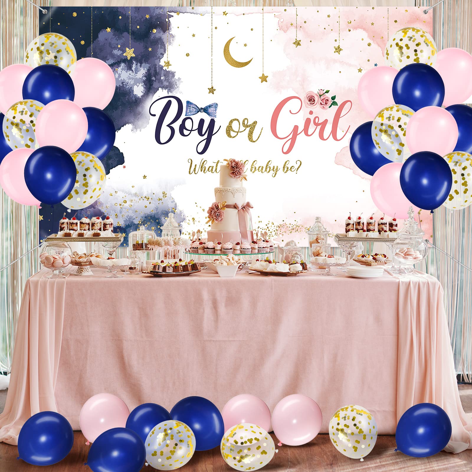 Gender Reveal Party Decorations Kit - Navy Blue & Blush Pink Balloons, Photography Backdrop Banner for Baby Shower - Boy or Girl Theme Party Supplies | Perfect for Baby Showers, Gender Reveals & Photo Sessions