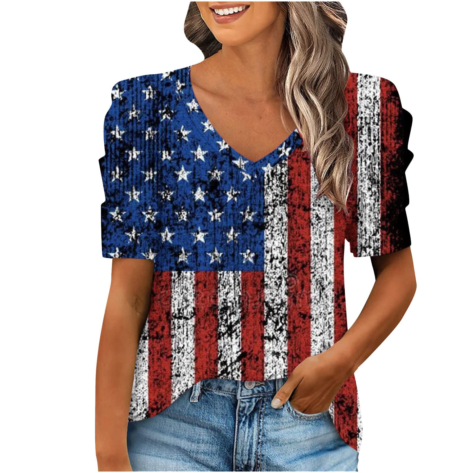 Women's Floral Short Sleeve V-Neck T-Shirt - Cute Puff Sleeve Casual Blouse for Summer | Beach Outfits, Date Night & Office Wear