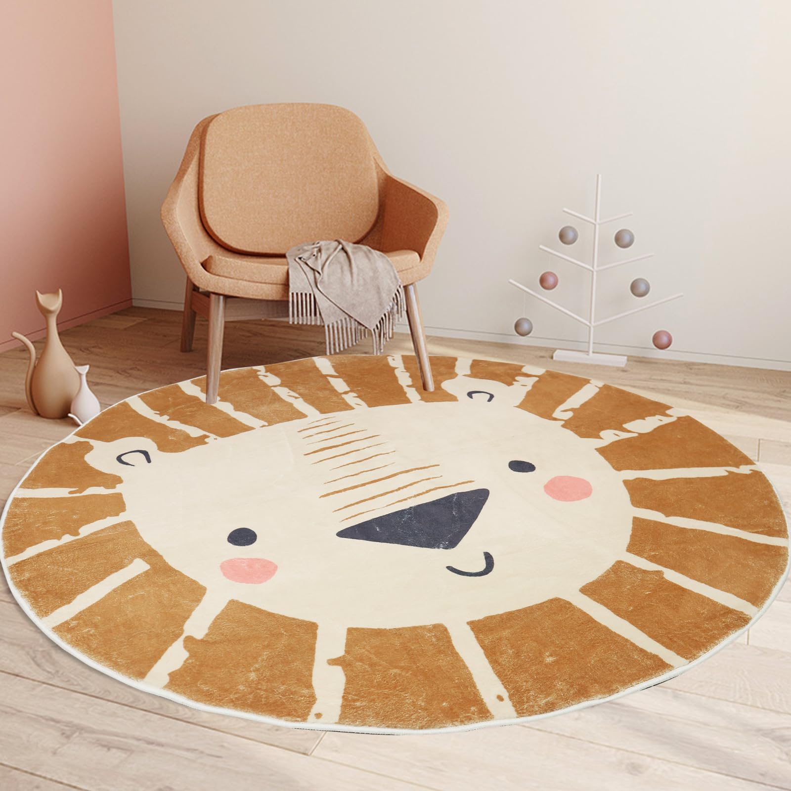 ABREEZE 4ft Lion Round Kids Play Rug - Soft Plush Non-Slip Nursery Door Mat for Children's Bedroom, Living Room & Playroom (Brown) - Perfect for Playtime, Learning & Cozy Floor Activities