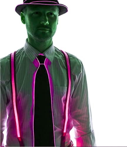 LED Light Up Tie with Suspenders & Party Hat Set - Glow in The Dark Disco Accessories for Men & Women - Perfect for Halloween, Raves, Nightclubs & Costume Parties