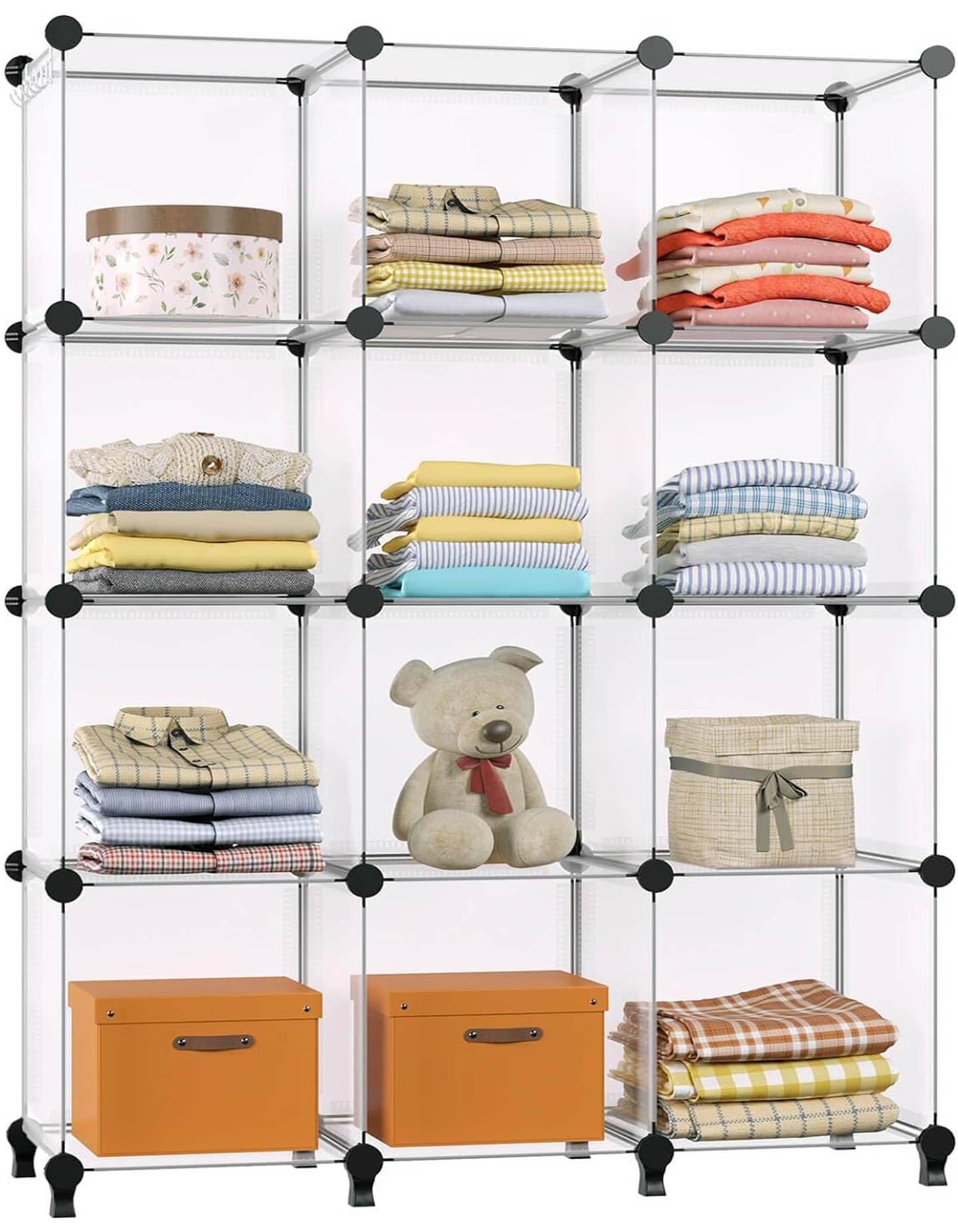 GREENSTELL 12-Cube Closet Organizer with Rubber Mallet - Portable Storage Shelves for Kids Clothes, Bedroom, Office - Transparent White | Space-Saving Wardrobe Solution for Small Rooms & Apartments