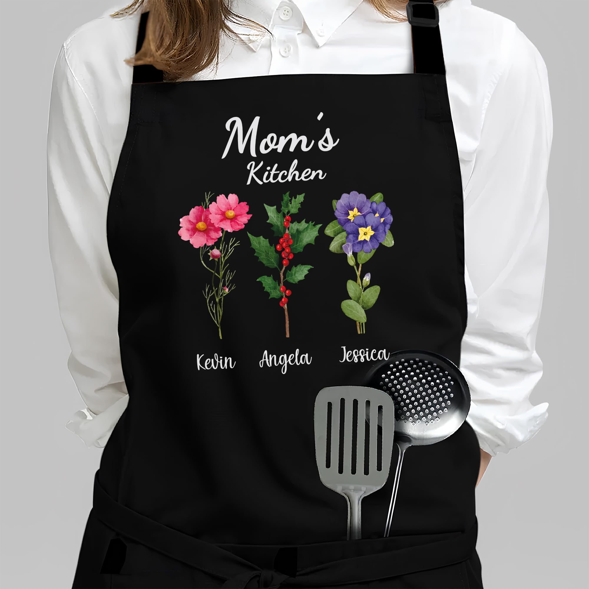 Personalized Apron for Women - Christmas, Birthday & Mother's Day Gift Ideas - Floral Design Kitchen Apron for Mom & Grandma - Perfect for Cooking, Baking and Gardening Activities