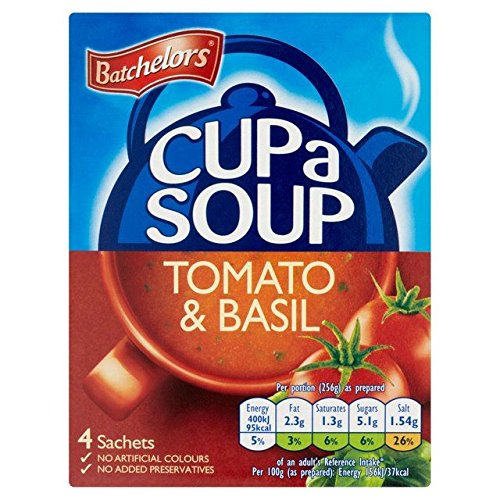 Batchelors Cup A Soup Tomato & Basil 4 x 26g - Pack of 6 | Instant Tomato Basil Soup Cups | Quick & Easy Meal Solution for Office, Camping & College Dorm