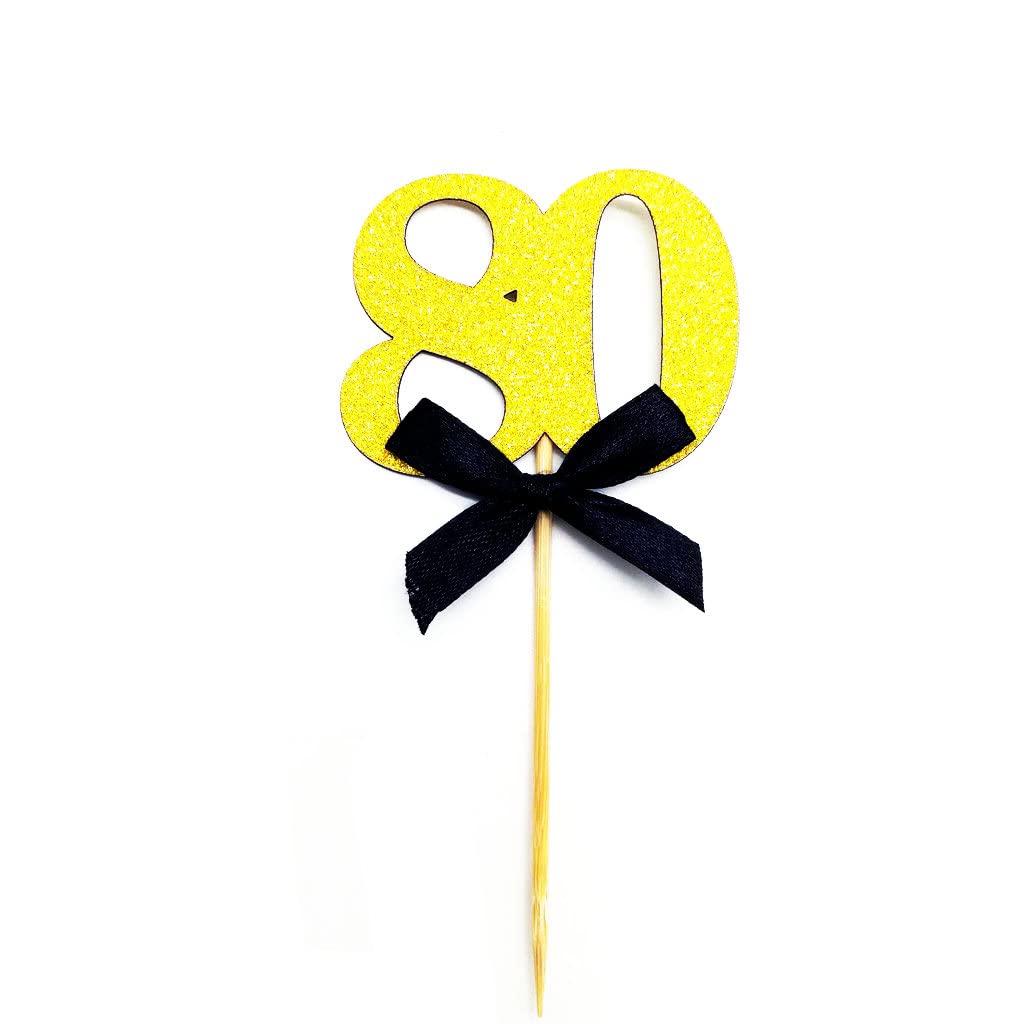 Black & Gold Glitter 80th Birthday Cupcake Toppers - 12pc Set for 80th Anniversary Party Decorations, Wedding & Celebration Cakes | Perfect for Milestone Birthdays, Retirement Parties & Special Occasions