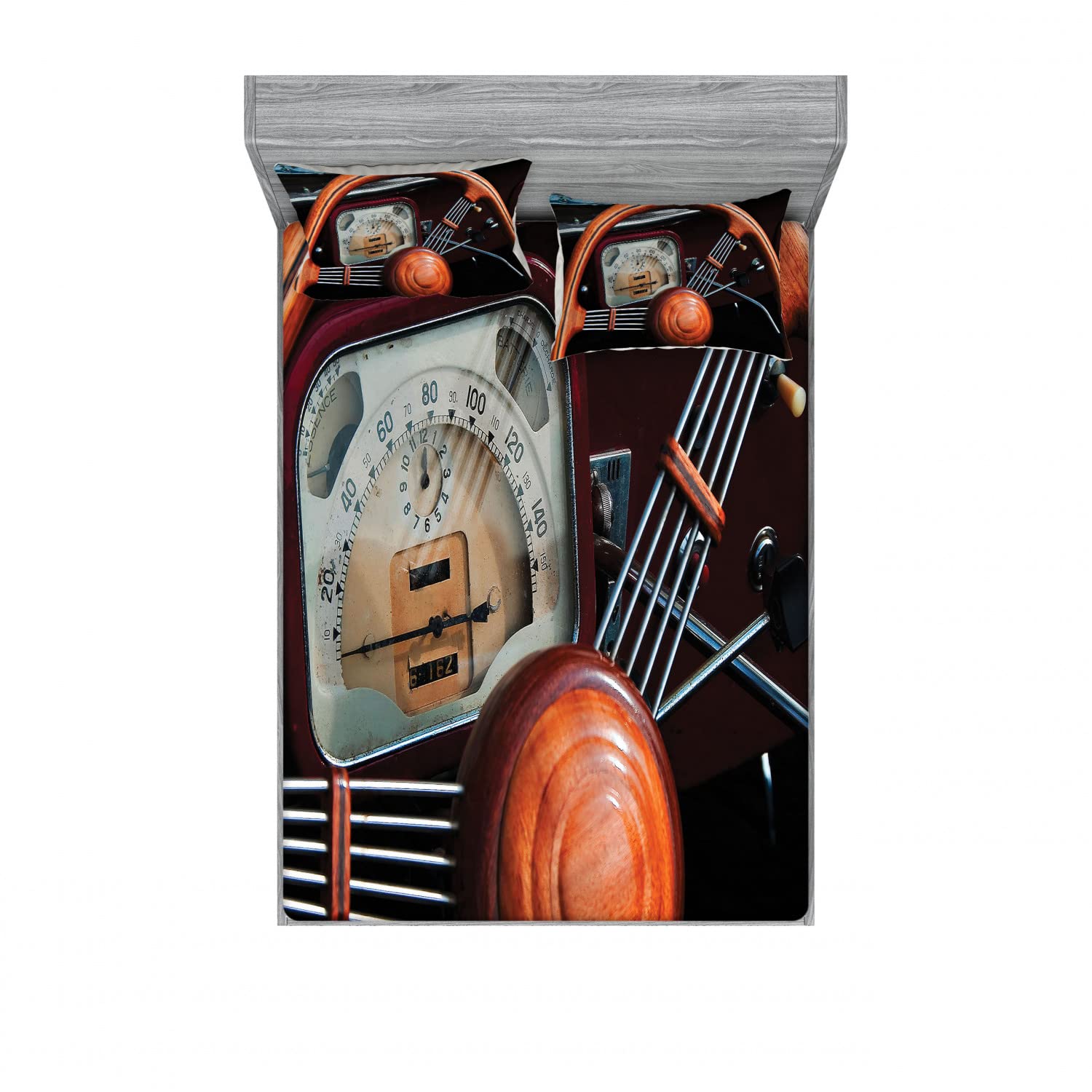 Vintage 1950s Car Steering Wheel Print 2 Pack King Size Fitted Sheet & 4 Pillow Sham Set - Seal Brown Cinnamon Bedding Decor for Classic Car Enthusiasts | Perfect for Retro Themed Bedrooms, Man Caves, and Automotive Decor Lovers