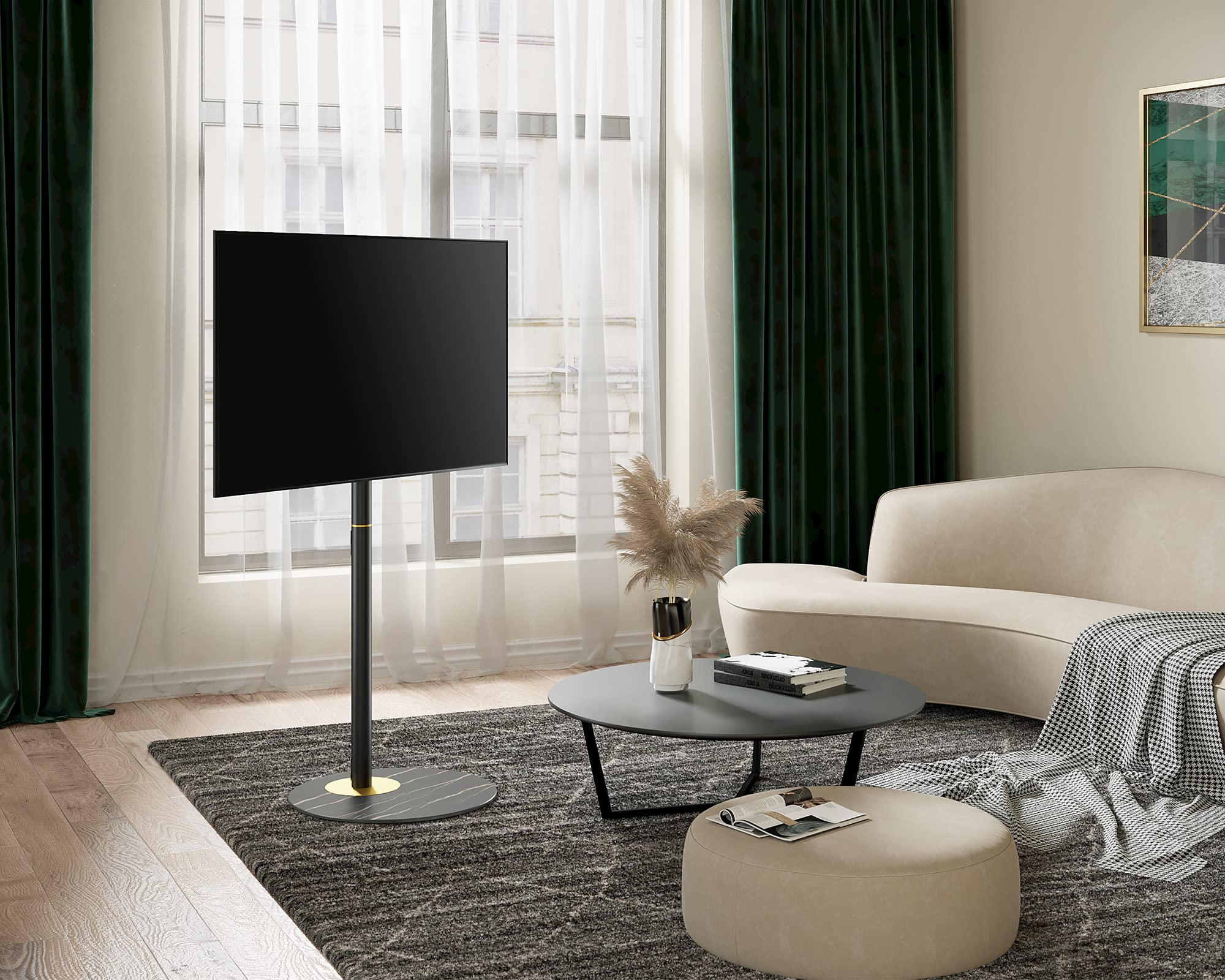 FITUEYES Mid Century Modern Black TV Stand for 37-65 Inch TVs - Marble Textured Glass Base & Concealed Storage Metal TV Stand - Living Room Entertainment Center for Home Theater Setup