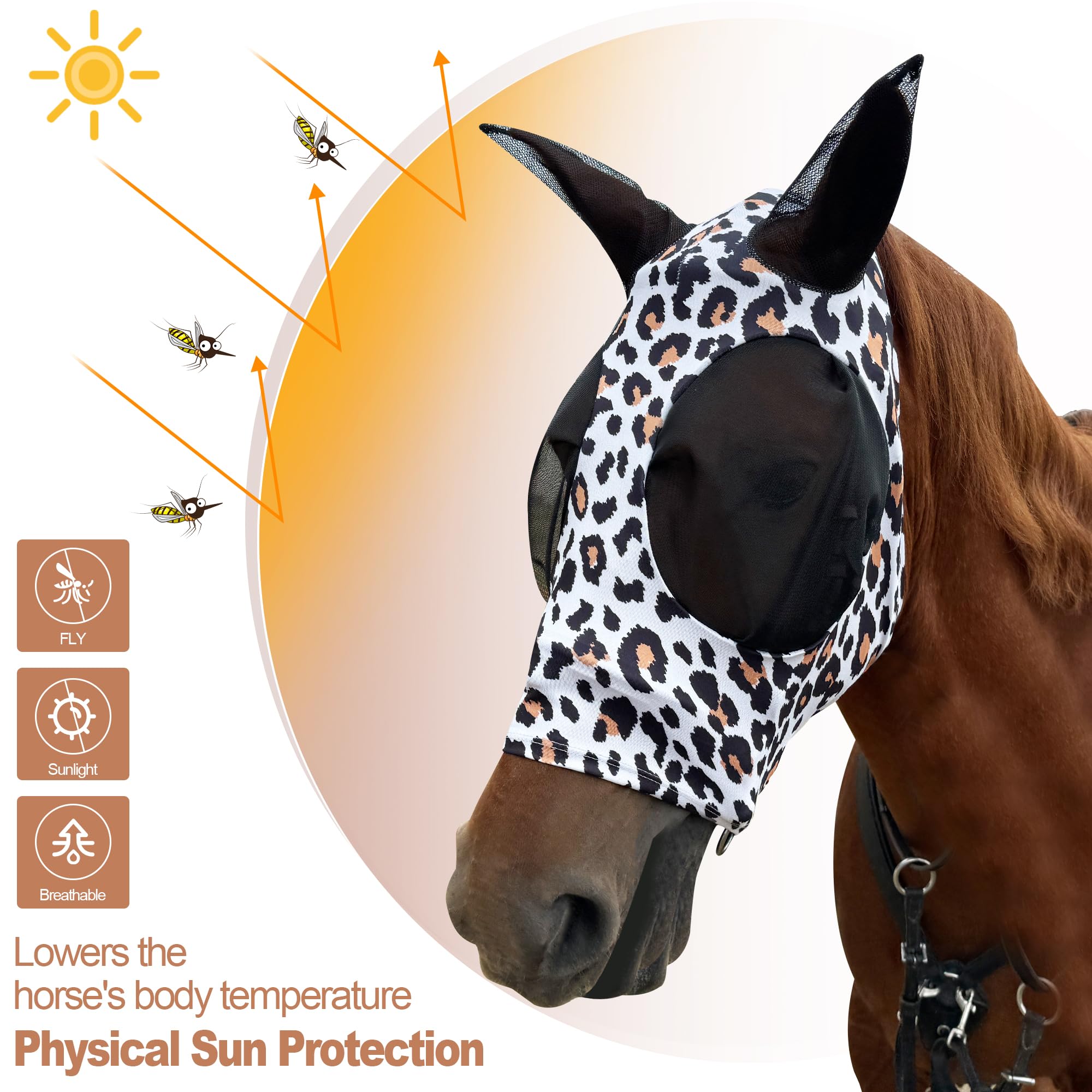Breathable Horse Fly Mask with Ears - UV Protection Equine Fly Mask for Sunlight & Insects, Large Eye Space Elastic Fabric Funny Leopard Print Mask for Average Size Horses - Perfect for Pasture, Riding & Outdoor Activities