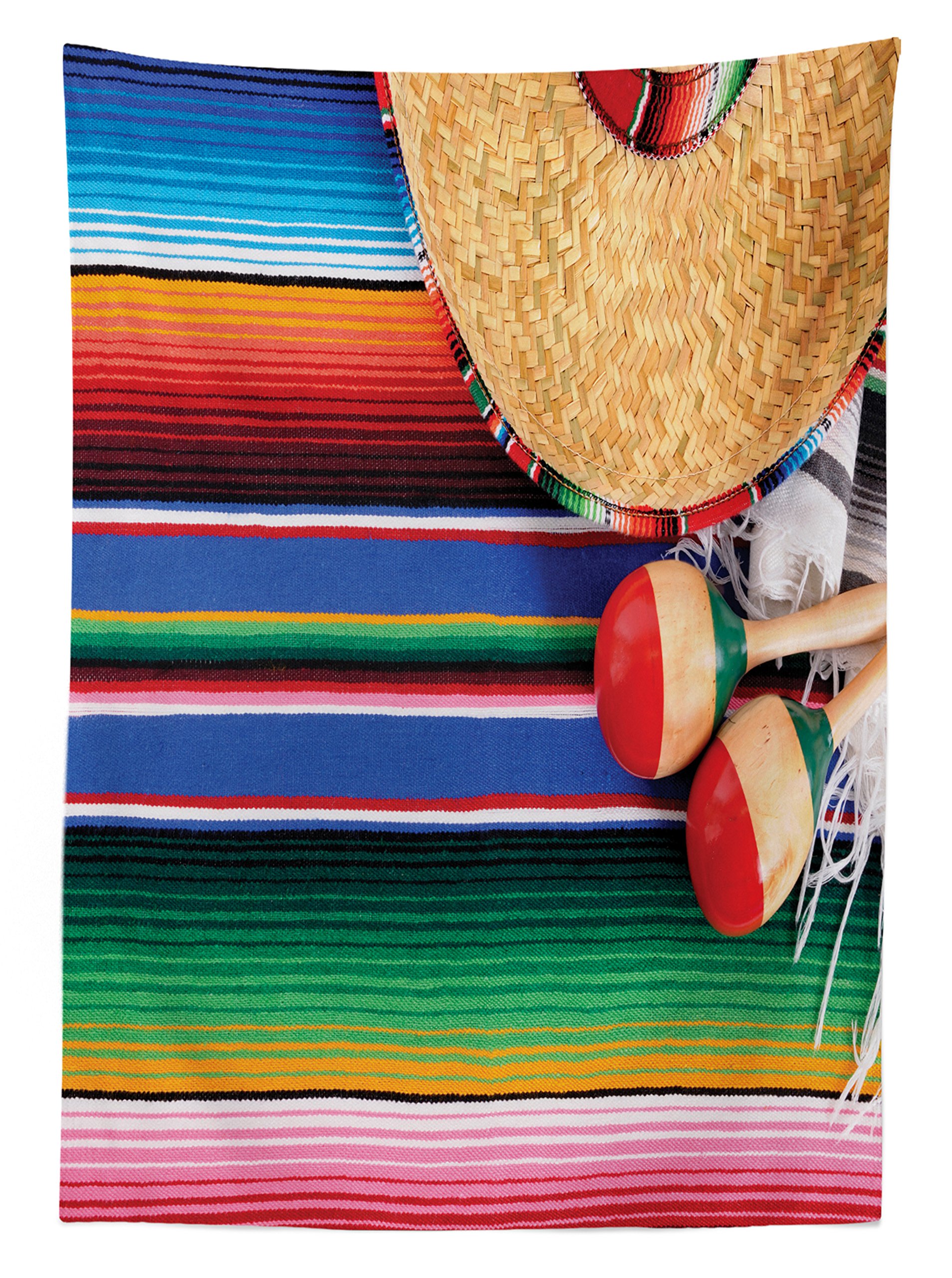 Mexican Culture Themed Outdoor Tablecloth - Sombrero, Maracas & Serape Design, Washable Picnic Blanket 58x104 Inches, Red & Ivory - Perfect for Fiesta Parties, Backyard BBQs & Cultural Events