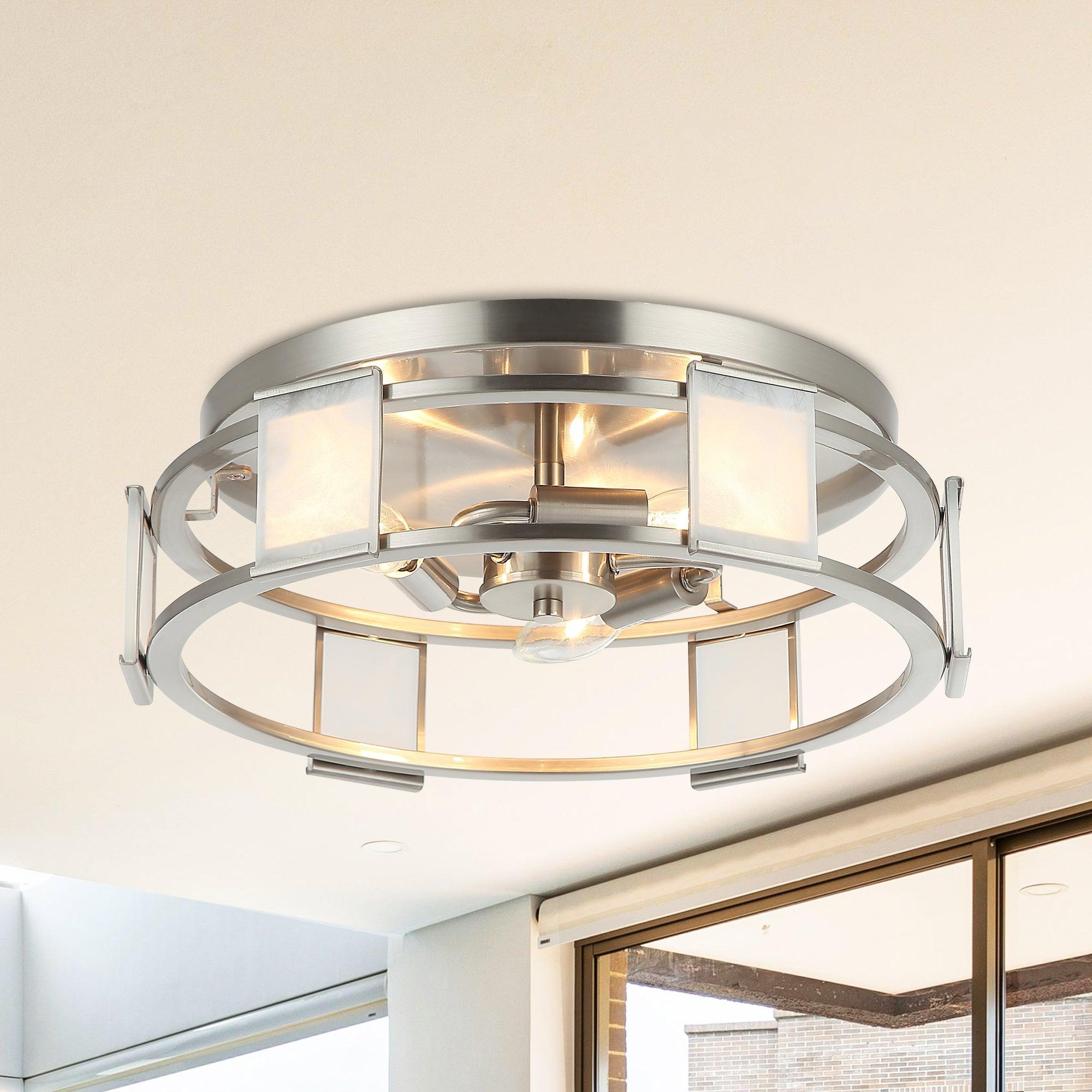 15 Inch Satin Nickel 3-Light Flush Mount Ceiling Fixture - Industrial Style Lighting for Kitchen, Bedroom, or Hallway